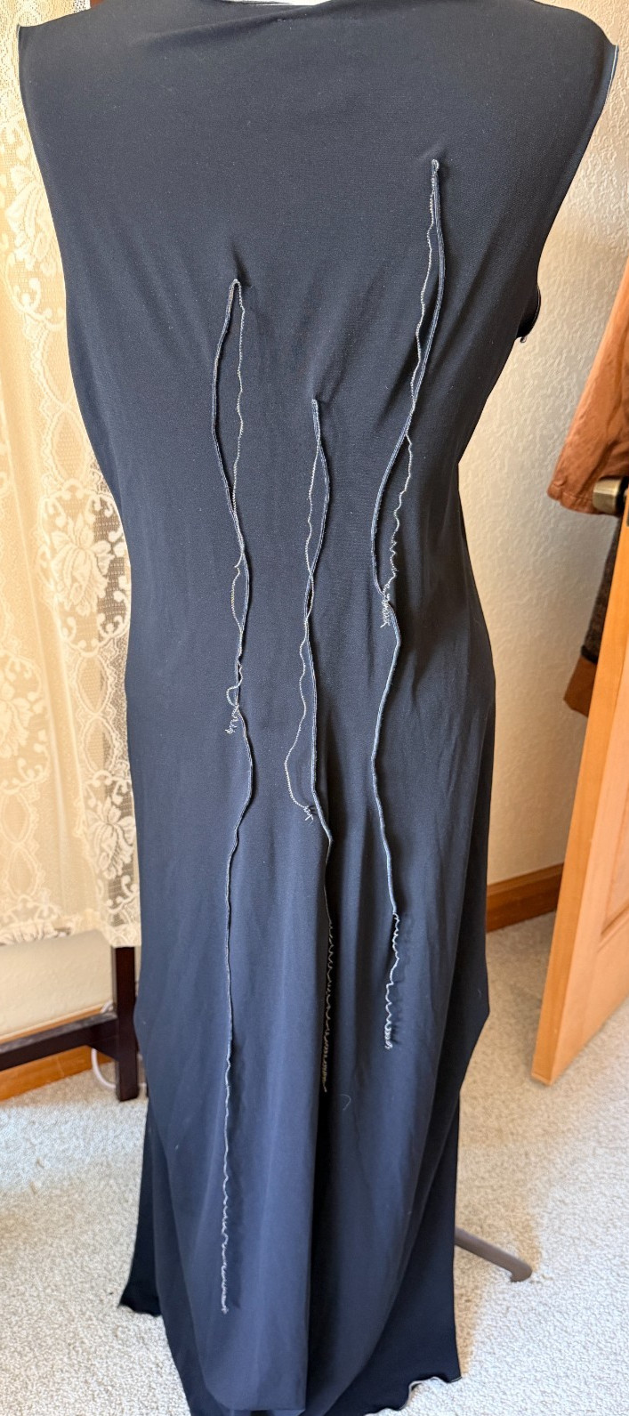 Linda Lundstrom Long Black Sleeveless Stringy Vamp Dress Sze 14 Edgy Stretch