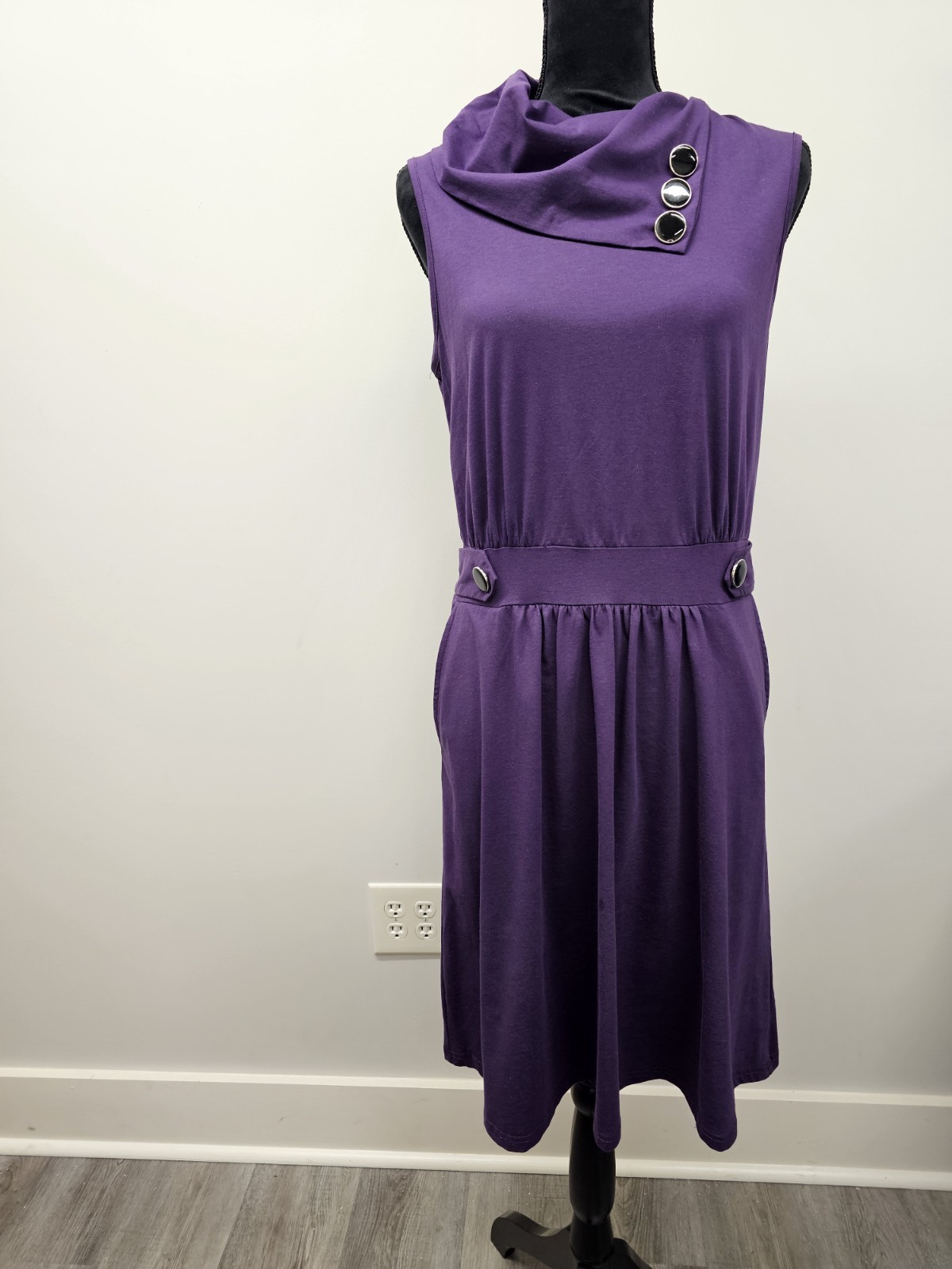 Womens L Huhot Purple with Black Buttons Dress Asymmetric Cowl Neck Pockets