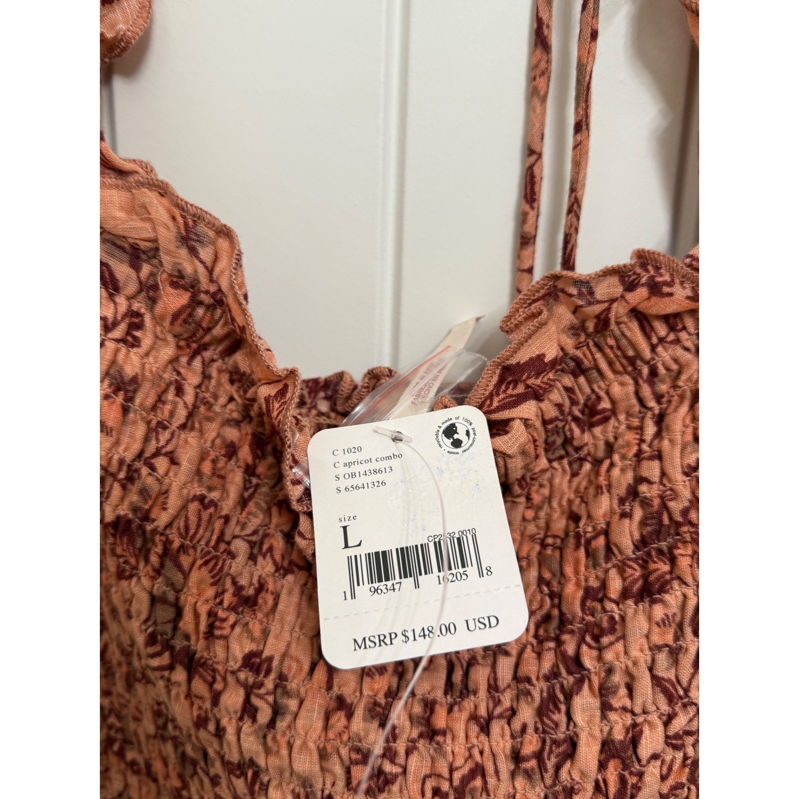 Free People Apricot Combo Mini Dress Floral Long Sleeve Smocked Ruffle Large