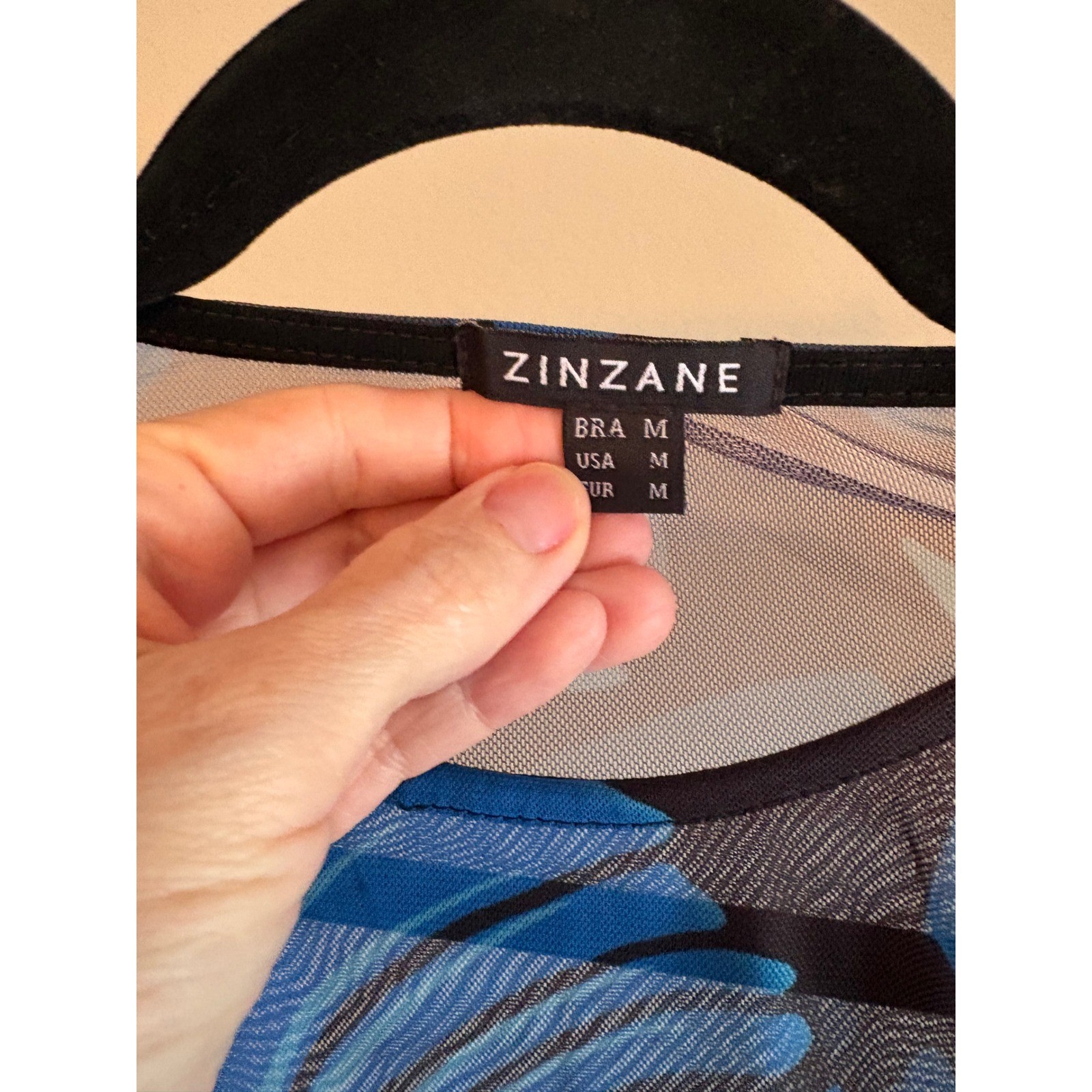 Zinzane Midi Dress Blue Black Abstract Print Mesh Sheer 3/4 Sleeve Size M