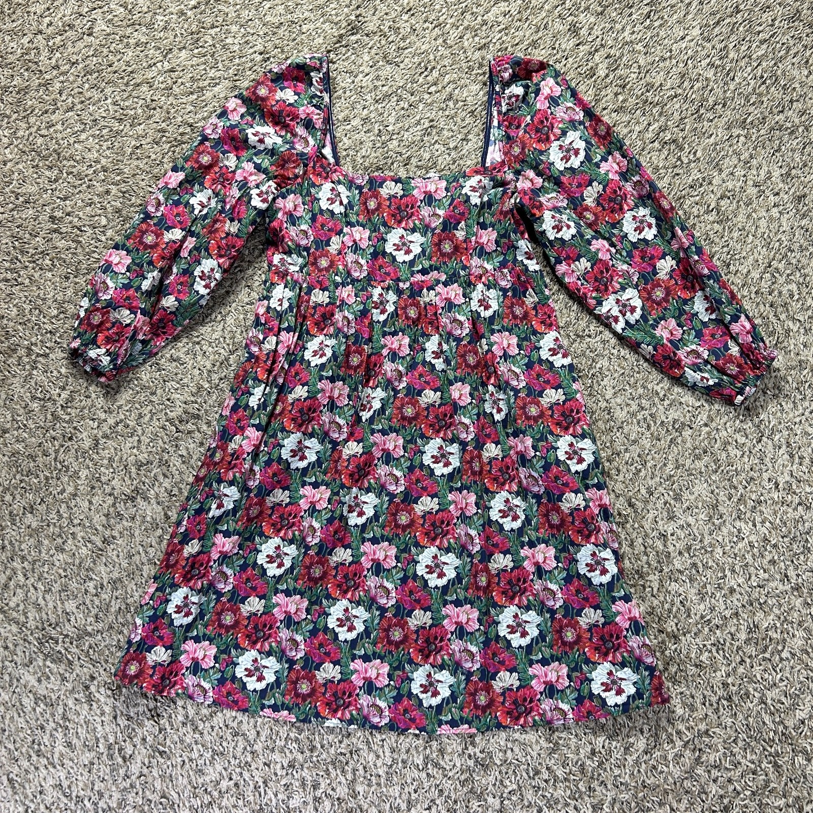 J.Crew x Liberty Amelie Smocked Cotton Dress in Red-Orange White Green Sz 4