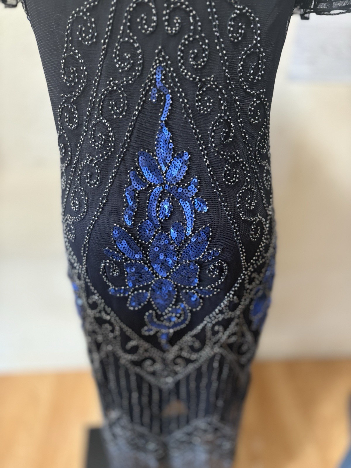 PrettyGuide Black Blue Beaded Sequin Mesh Fringe Long V-Neck Sheath Dress L