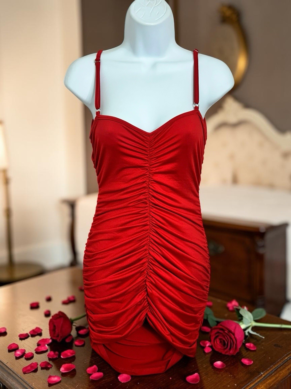 Red Ruched Mini Dress Sz Small Sleeveless Stretch Fitted Party Semi Open Back