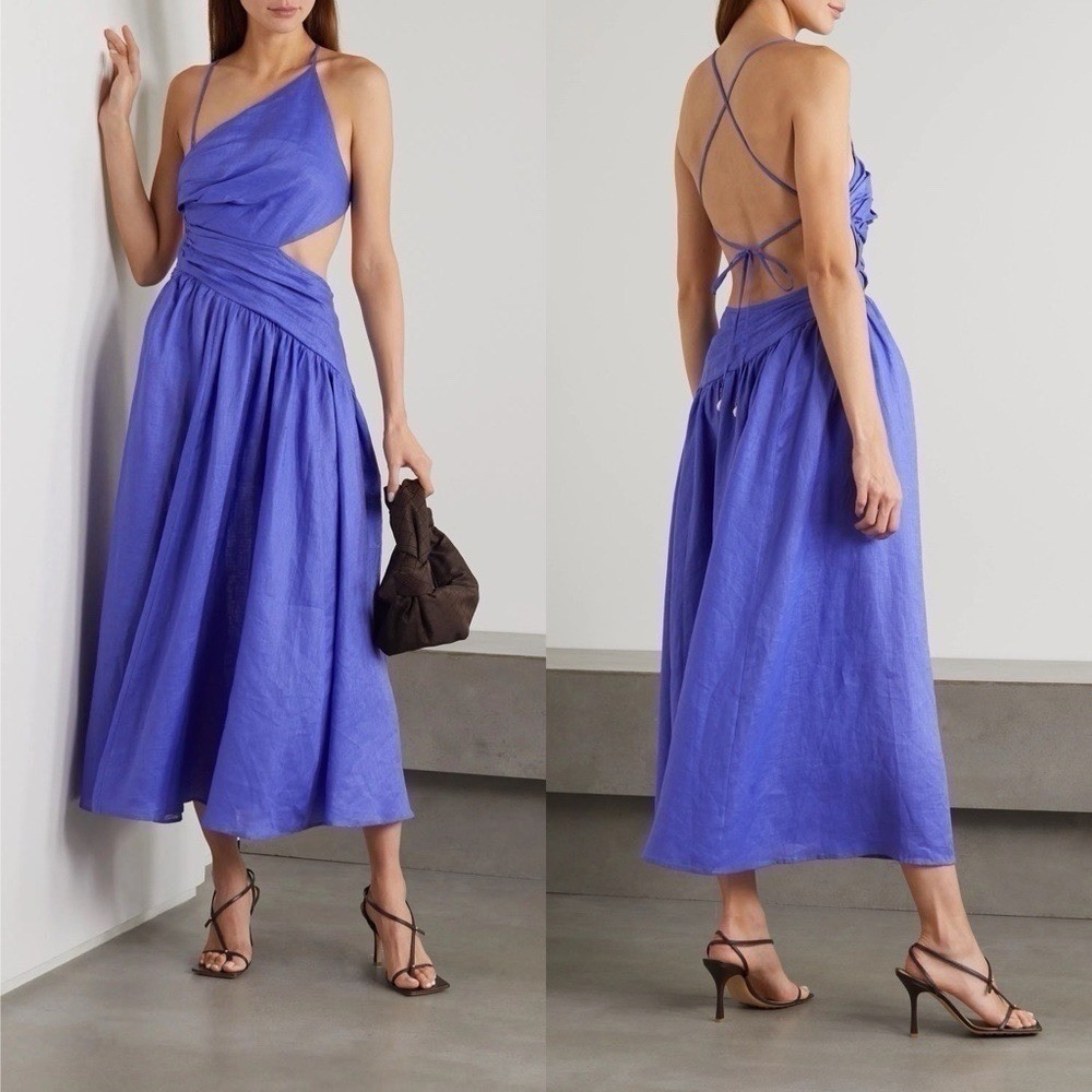 Zimmermann Tropicana Asymmetric Linen Cutout Midi Dress Blue Size 12 NWT