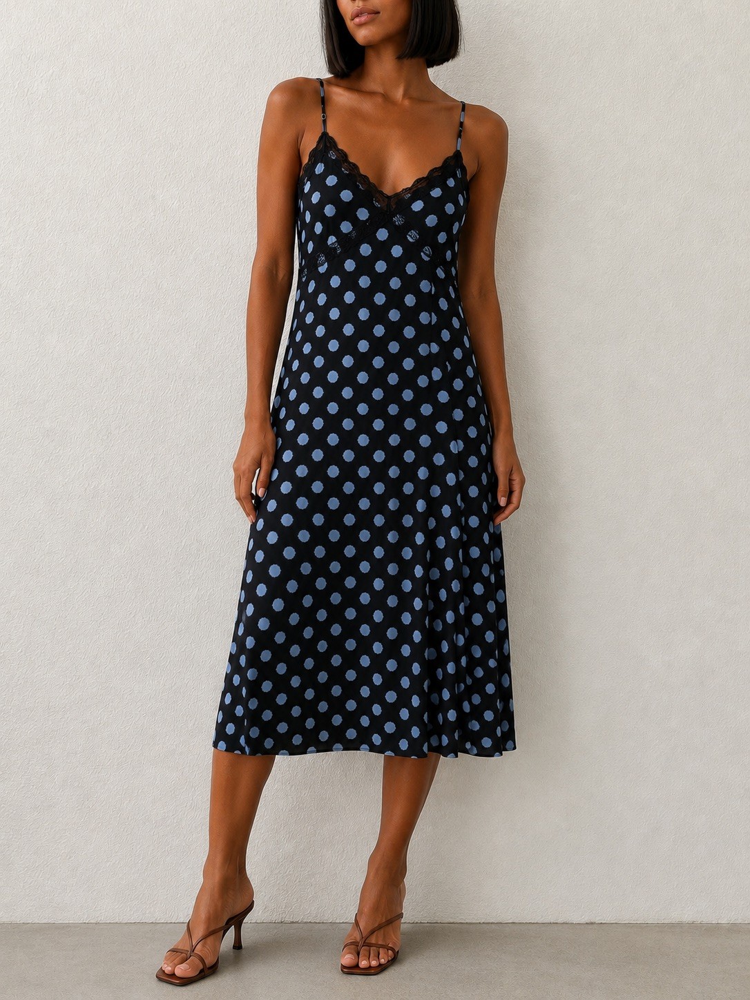 Forever 21 Y2K Polka Dot Slip Midi Dress Lace Trim Spaghetti Strap Large