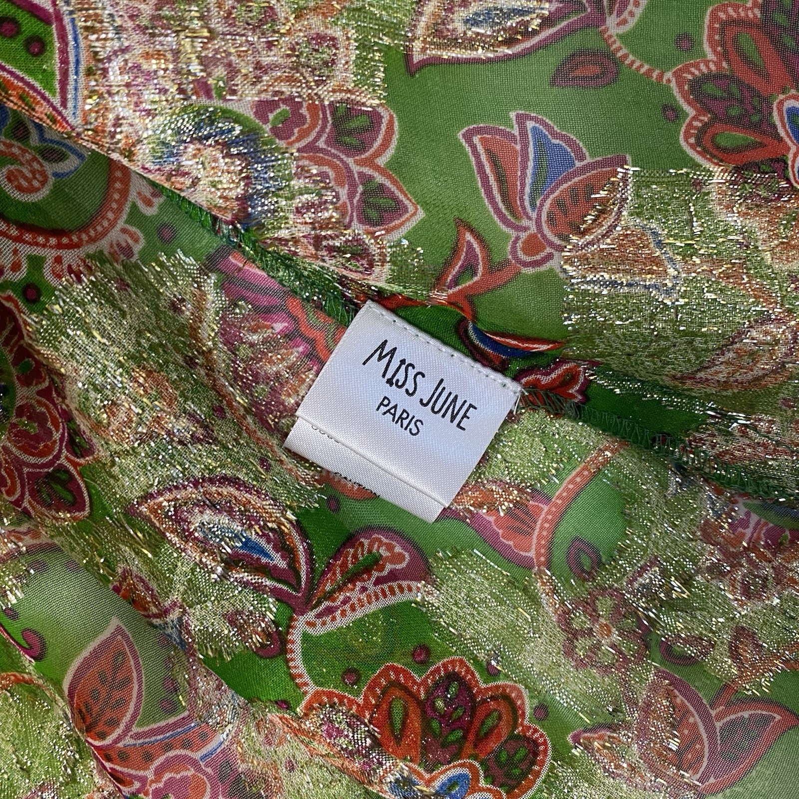 Miss June Paris Mini Dress Tunic Cover Up OS Green Gold Resort Kaftan Tassel