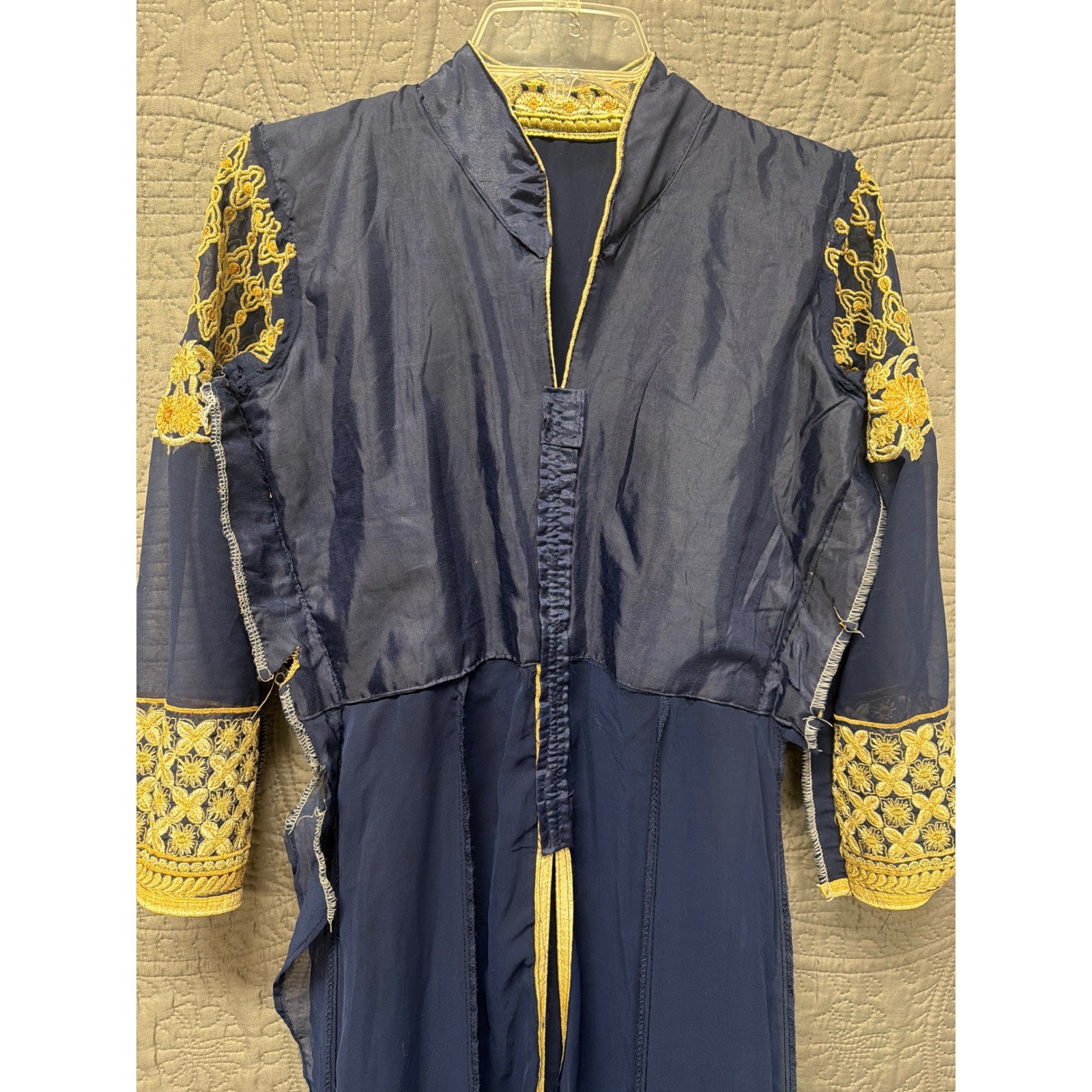 Navy Blue Gold Floral Embroidered Maxi Gown Mandarin Collar Side Zip Long Sleeve