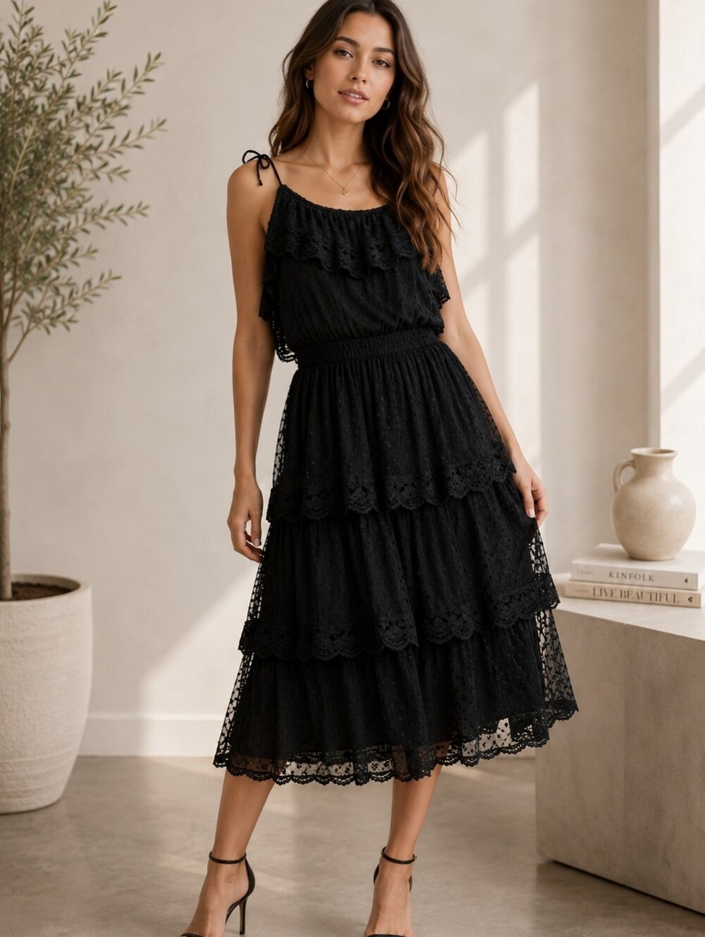 MISA Los Angeles Alyin Black Lace Swiss Dot Tiered Midi Dress NWT Medium 0304