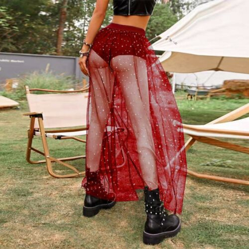 Womens Nightclub Sexy Perspective Pleated Lace Wrap Hip Mesh High Waist Skirt