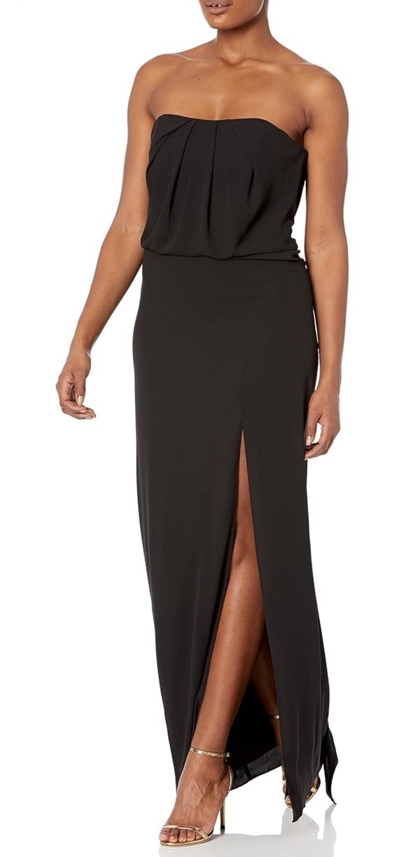 $425 Halston Heritage Strapless Drape Back Flowy Gown Bustier Slit Black 0