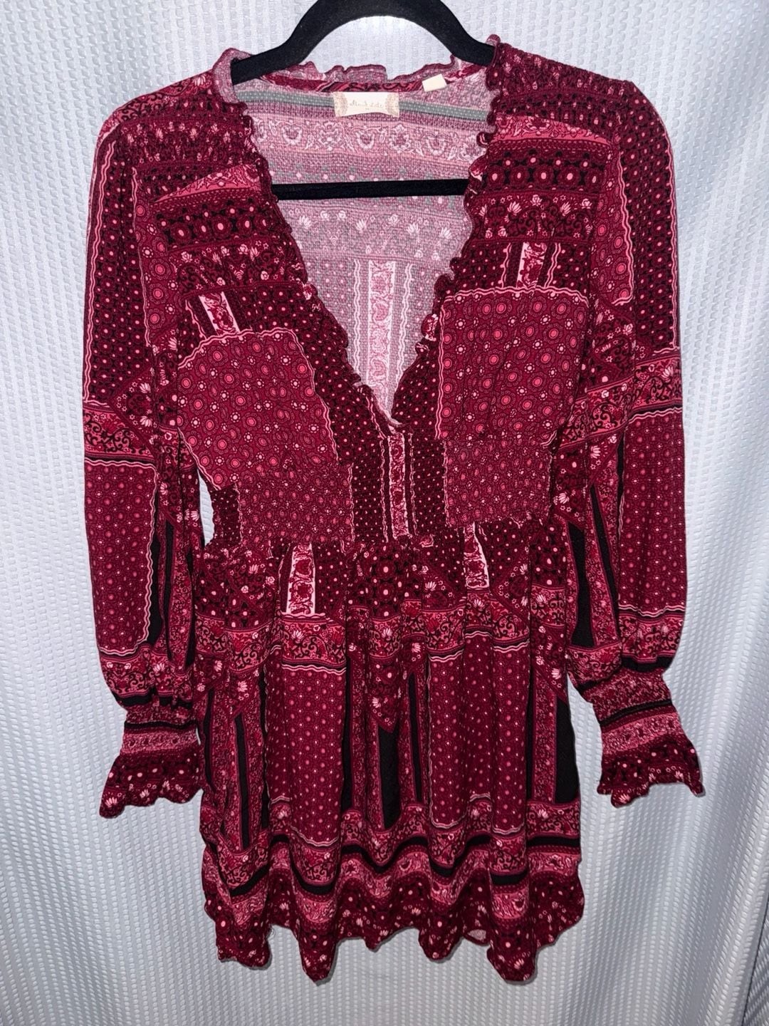 Altar’d State Maroon Floral Patchwork Mini Dress with Long Sleeves
