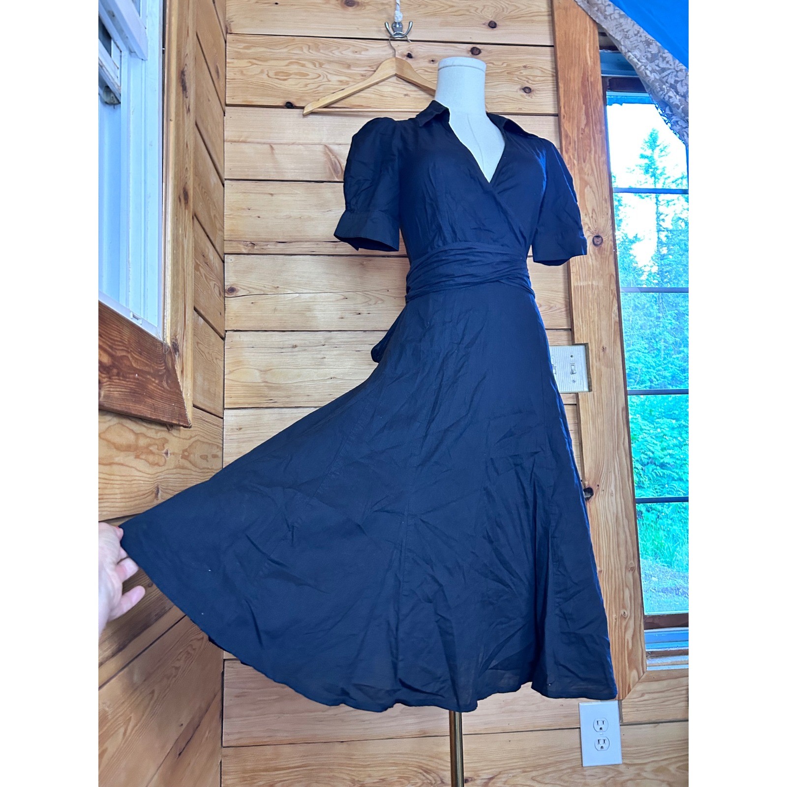 Vintage Wrap Midi Dress Womens Small Black Cotton Puff Sleeve Feline Cotage Trad