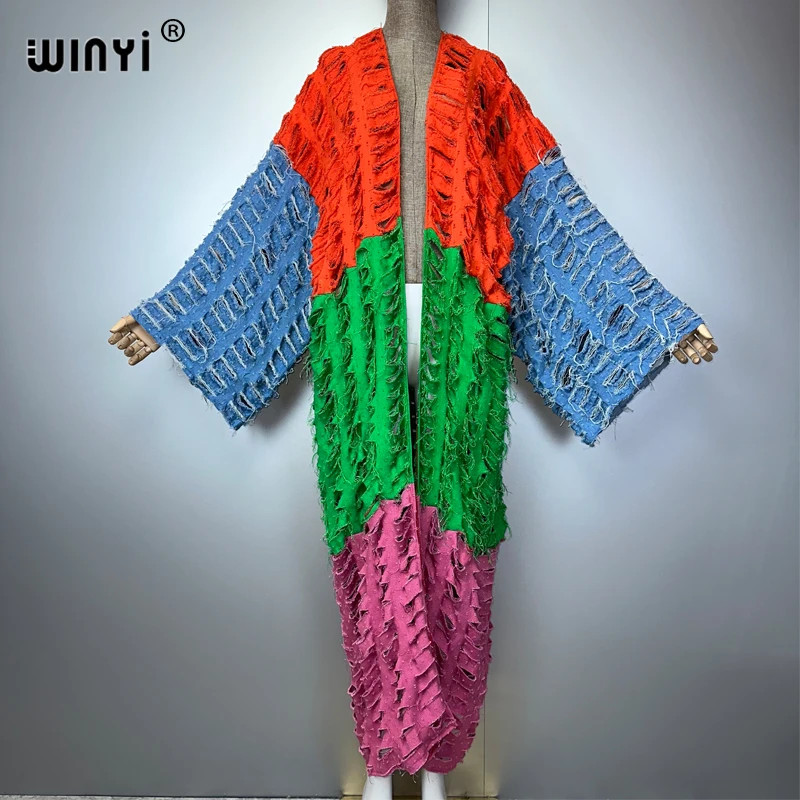 Kimono Colored Denim Cardigan Maxi Dress Beach Wear Cover-Up Abaya Dubai Luxury