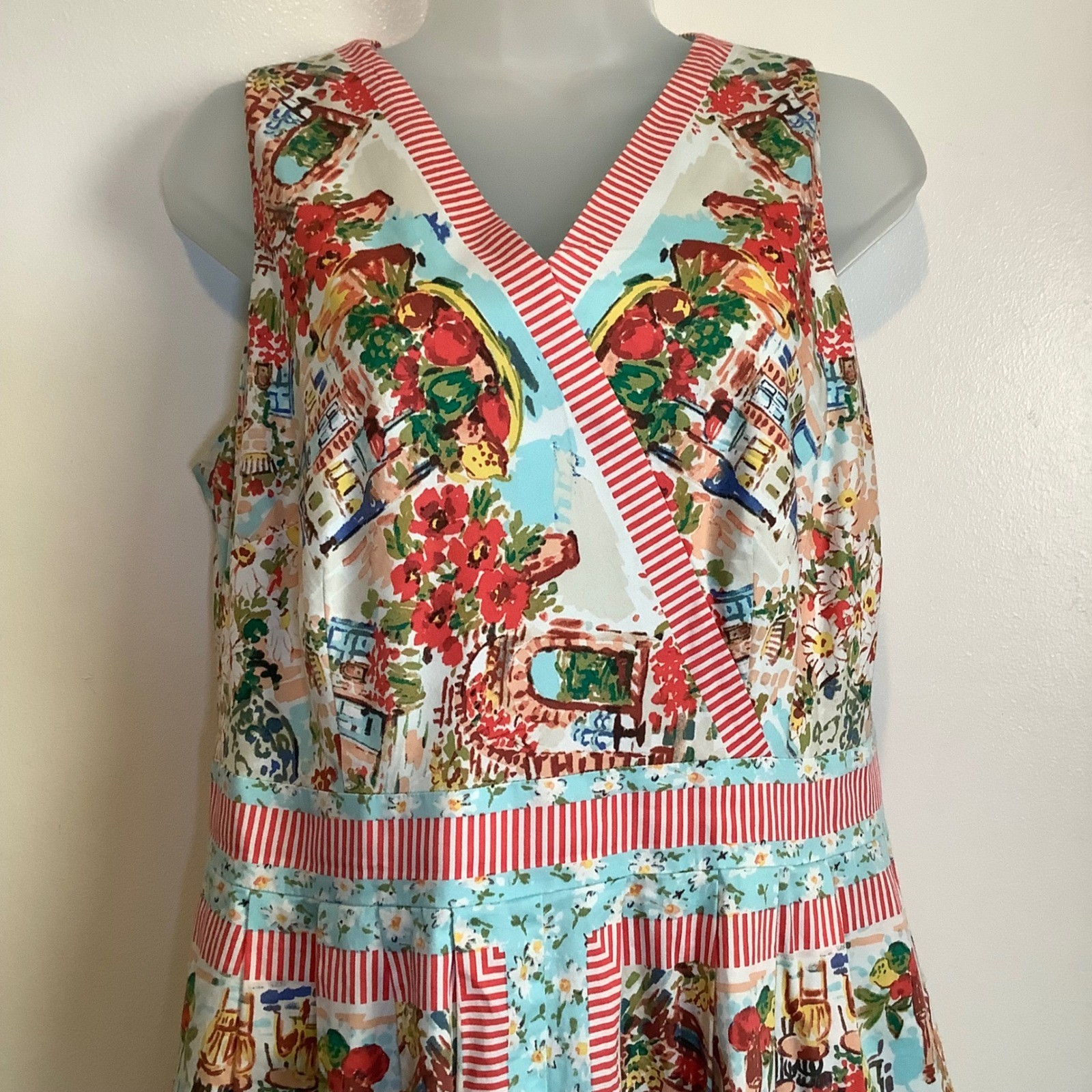 Talbots Mediterranean Cafe Novelty Print Sleeveless Cotton Dress Multi Color 10