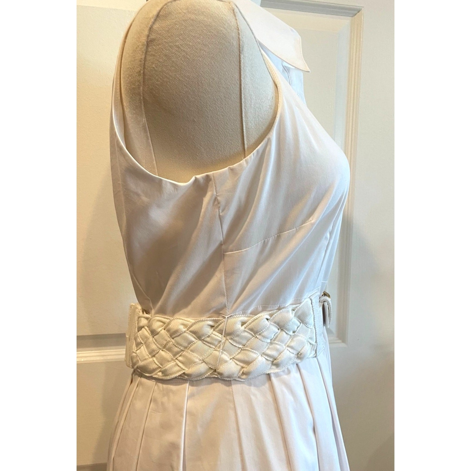 Chetta B White Cotton Blend Sleeveless Belted Midi Shirt Dress Coquette Size 6