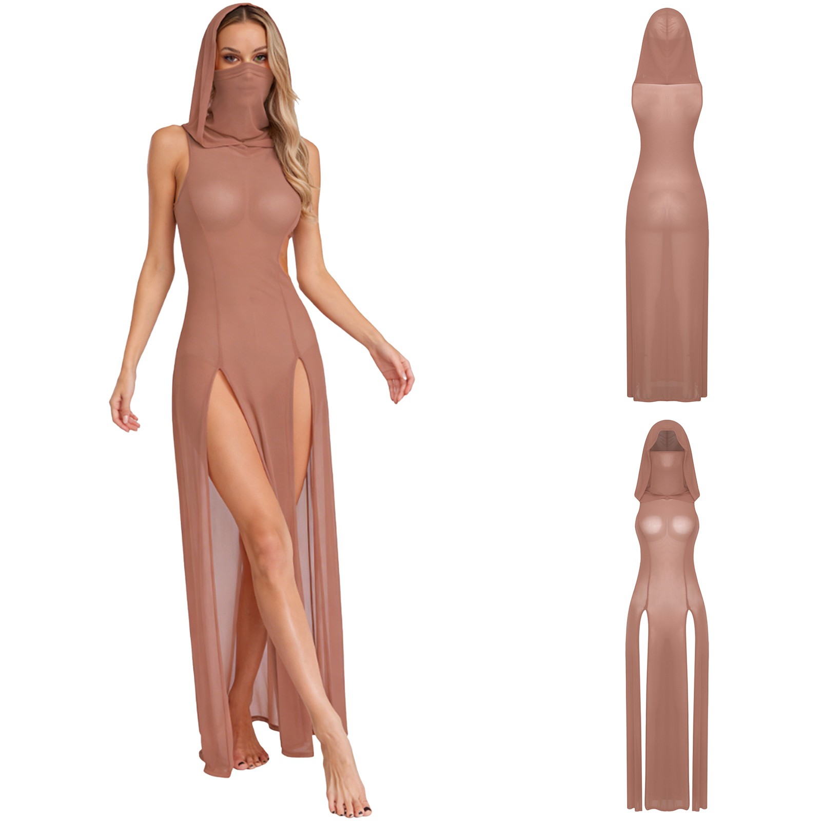Women Maxi Dress Sleeveless High Slit Hooded Sheer Sleepwear Sexy