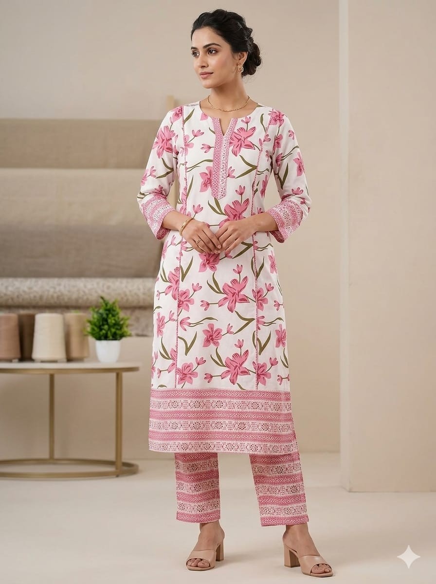 Divyanjana Women Floral Printed Regular Pure Cotton Kurta with Trousers