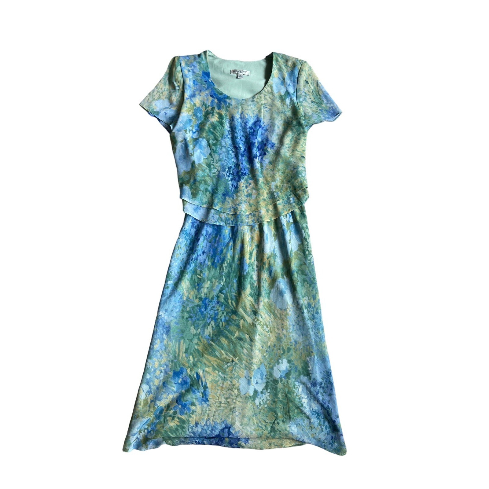 Coldwater Creek Tiered Chiffon Maxi Dress Size 6 Blue Watercolor Kentucky Derby