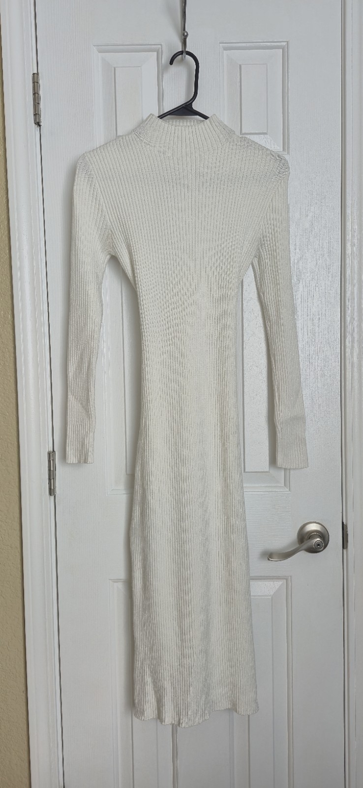 ANRABESS Ivory Ribbed Knit Crew Neck Midi Sweater Dress S Side Slit