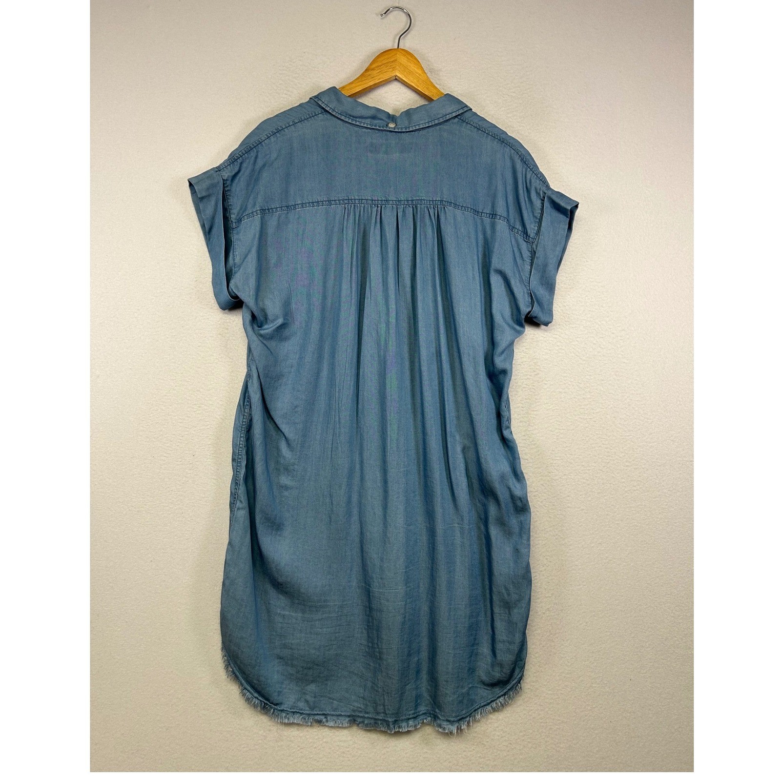 Boho Coastal Thread & Supply Womens Large Blue Lyocell Fringe Hem Shirt Dress