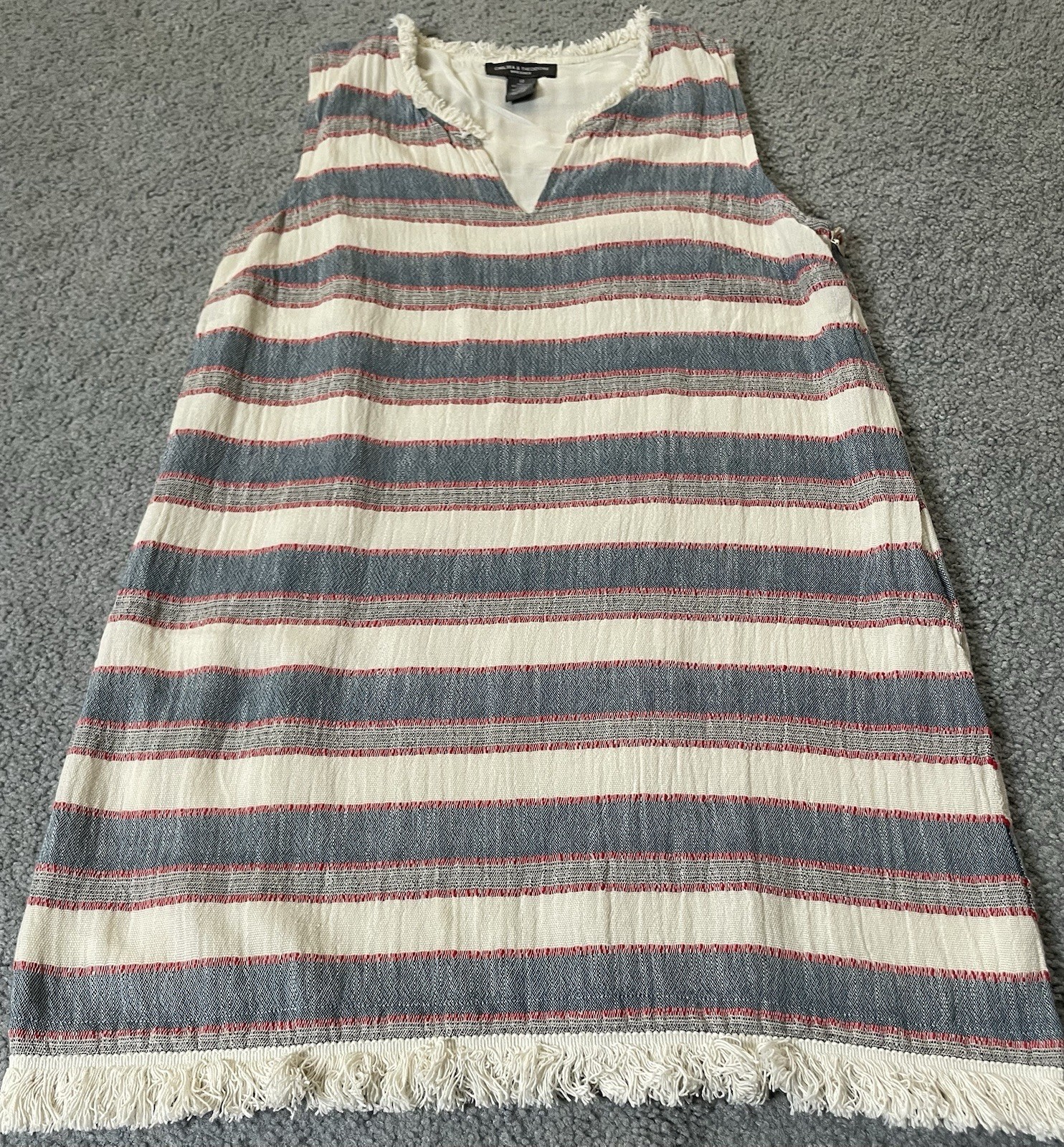 Chelsea & Theodore Striped Mini Dress Sz 12 Red Gray Fringed Hem Nautical Beach