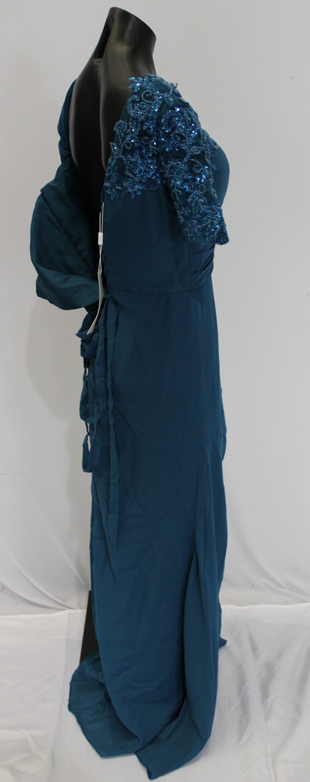 Ryanth Women’s One Shoulder Mermaid Pleated Chiffon Maxi Dress SV3 Peacock 6 NWT