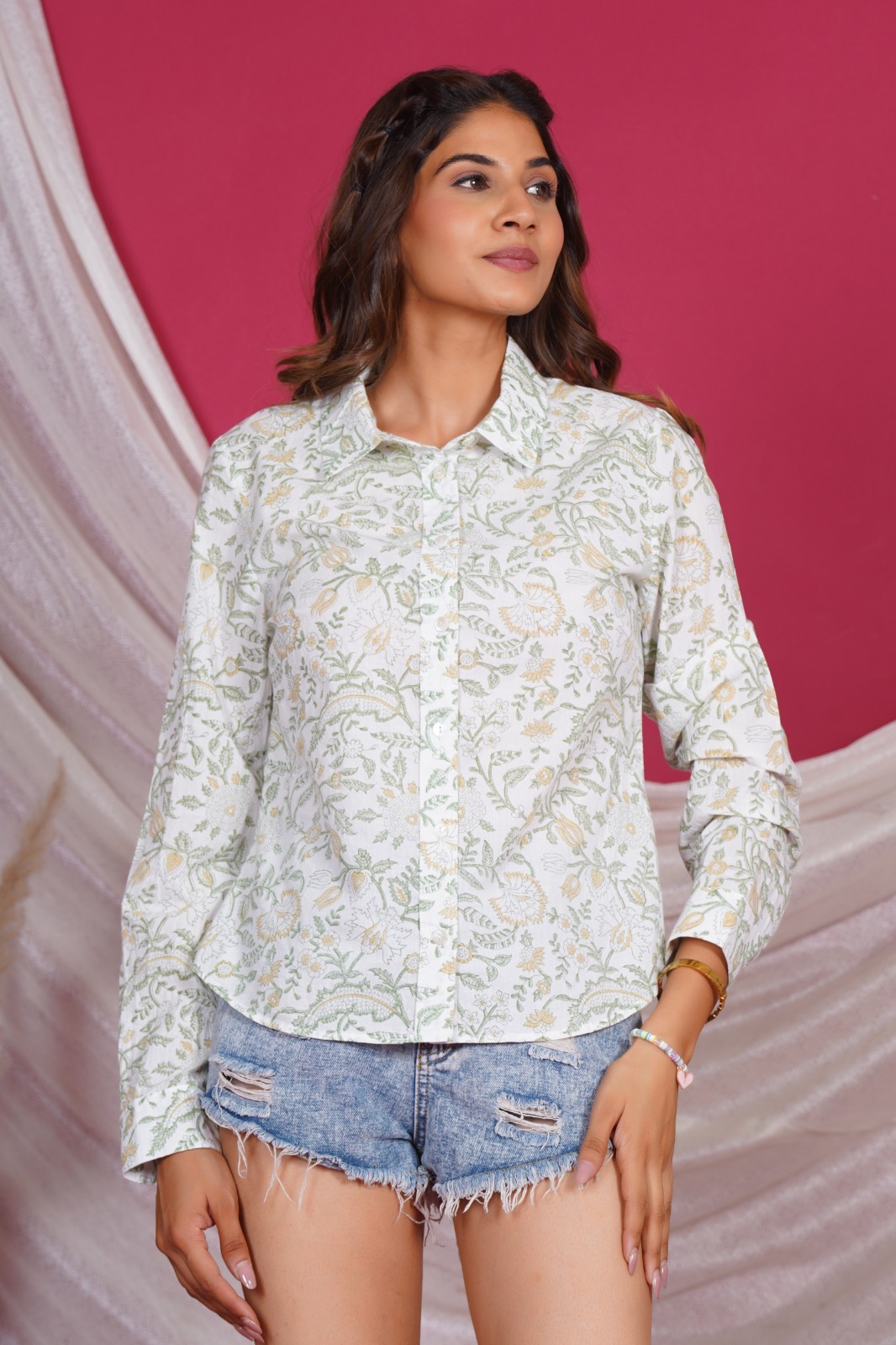 Hand Block Printed Cotton Shirt for Women – Long Sleeves with Cuff Buttons