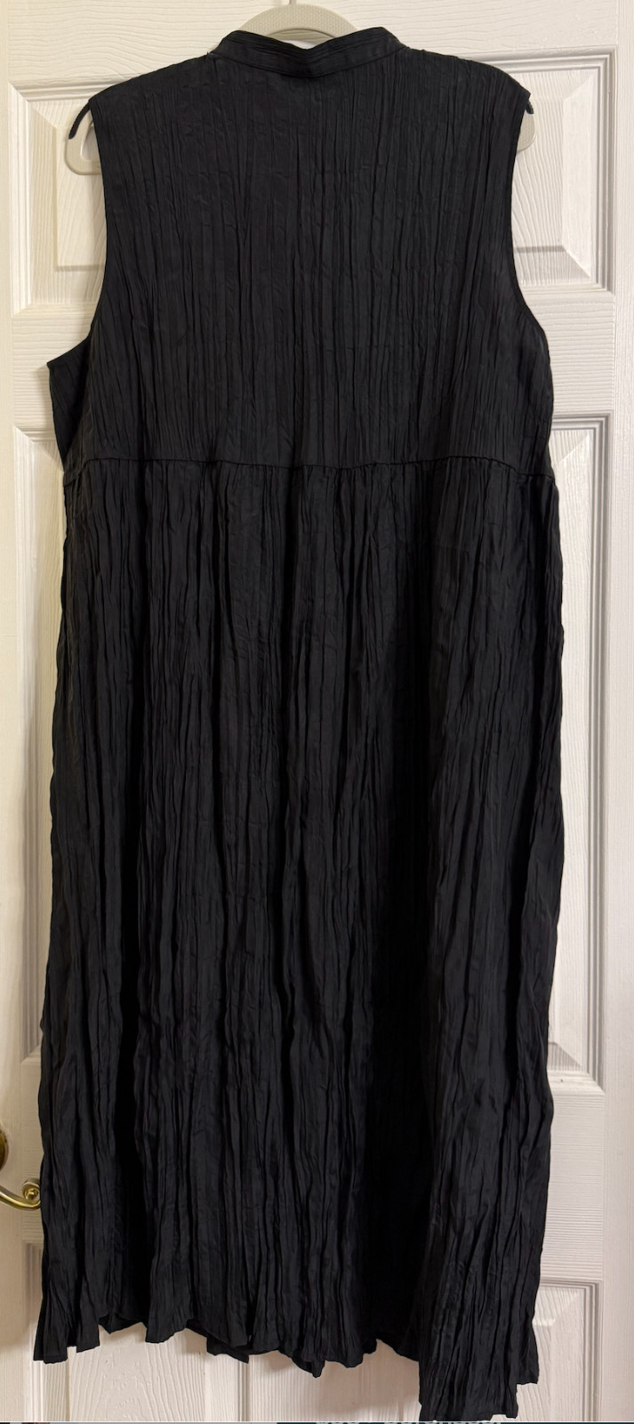 NWT $348 Eileen Fisher Black Crinkle Silk Habutal Mandarin Collar Dress M L XL