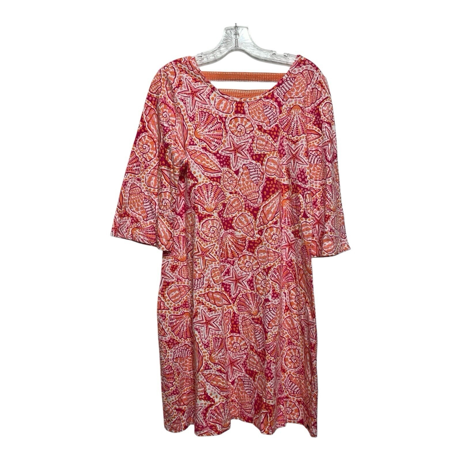 Hatley Pink Orange Seashell Print 3/4 Sleeve Shift Dress Women L/G