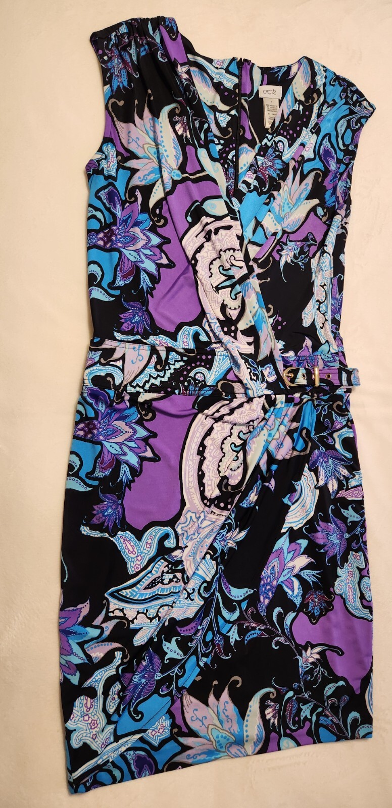 Cach’e Dress Sz-2 Blue Purple Paisley Floral w/Gold Accents Sexy Wrap Hip Buckle