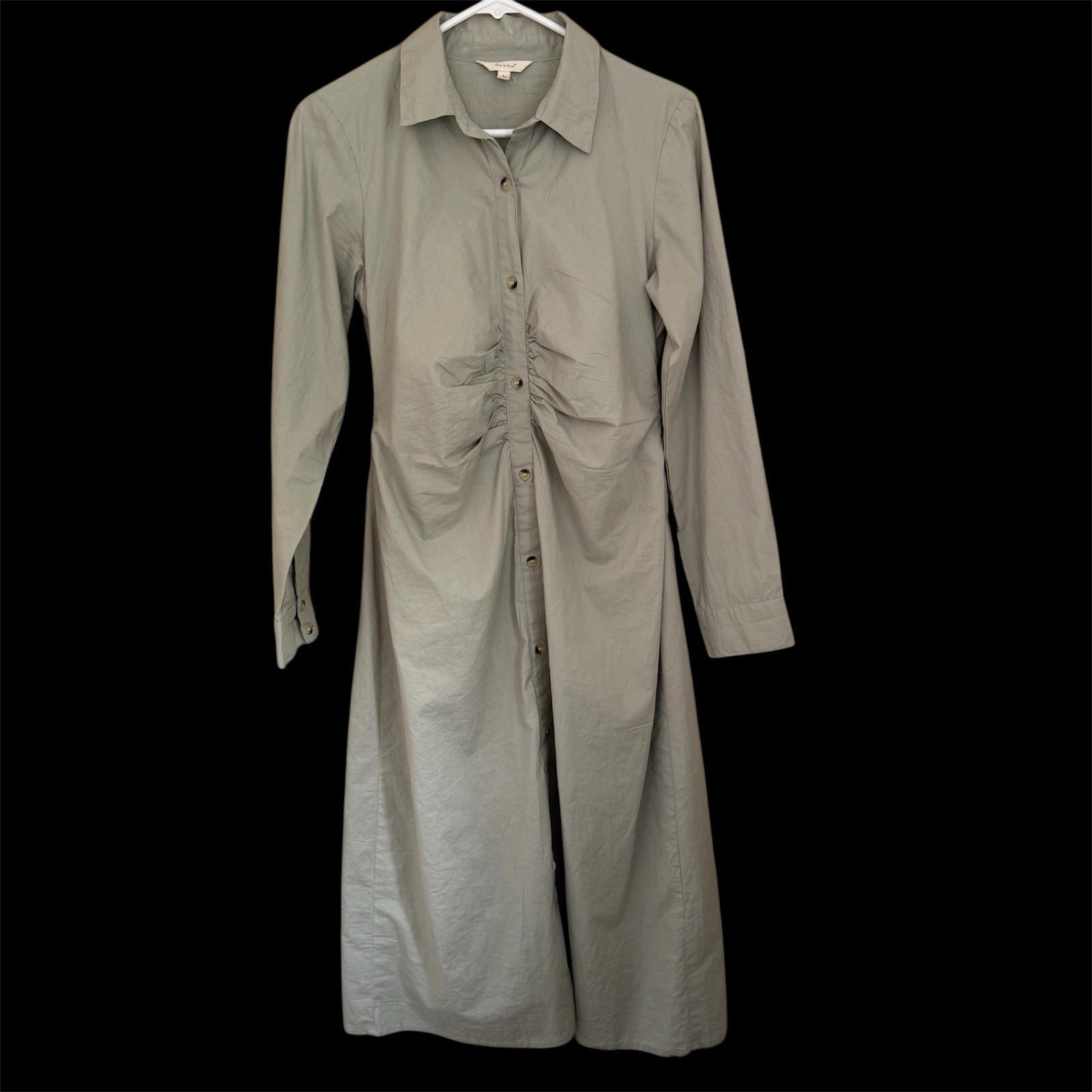 Sim & Sam Cotton Button Down Midi Dress Sz L Ruched Front Sage Green Cottagecore