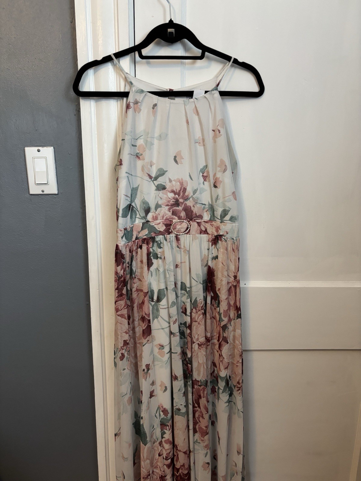 Alexa B Nites Light Blue Pink Floral Chiffon Halter Maxi Rhinestone Zip 6