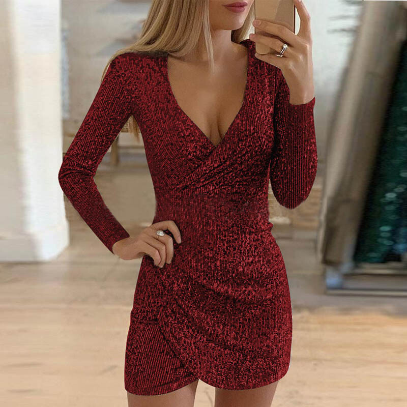 Women’s Metallic Sequin Bodycon Dress V-Neck Long Sleeve Evening Gala Party Wear