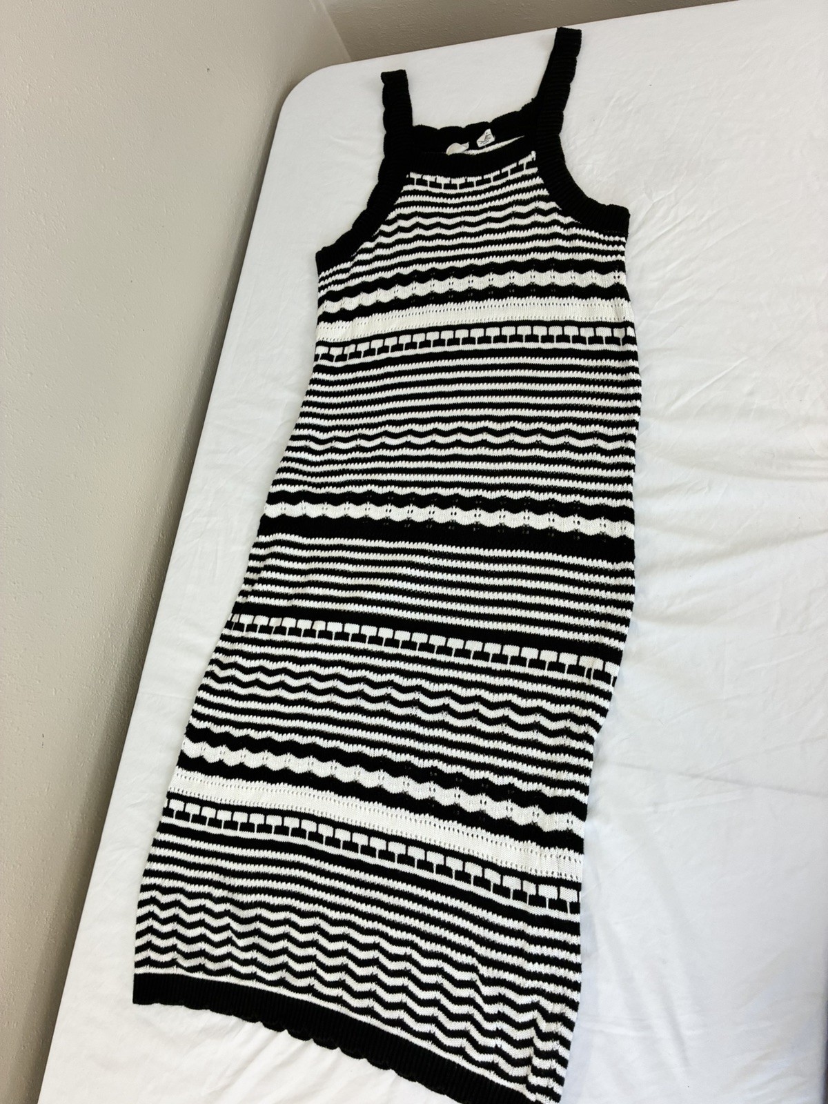 Joie Black White Striped Knit Crochet Dress Size L Designer Resort Beachwear