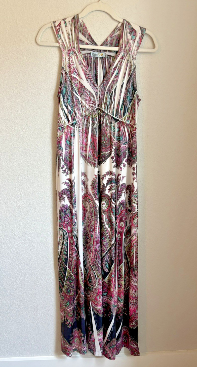 Unity World Wear Sleeveless Maxi Dress Multicolor Paisley Geo Sz S Boho Resort