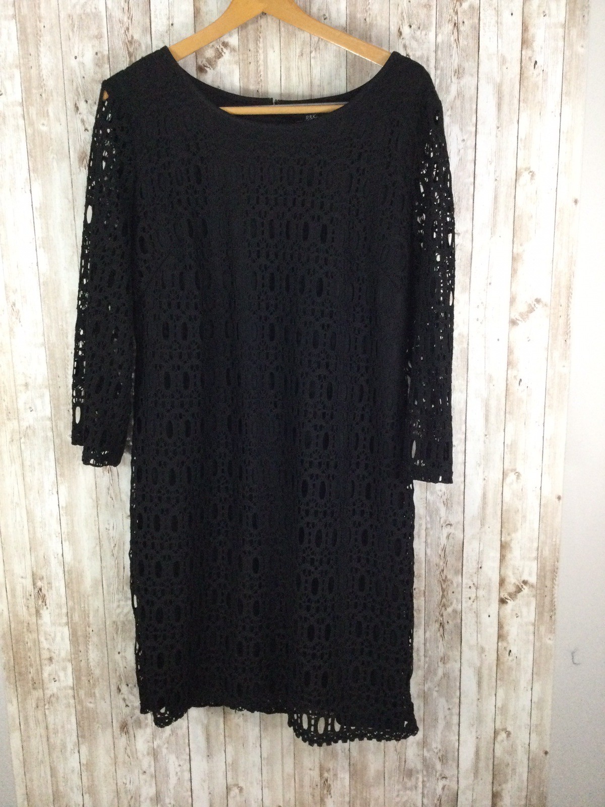 R&K Sheath Dress Size 16 Lace Overlay 3/4 Sleeve Lined Zip Hook Black