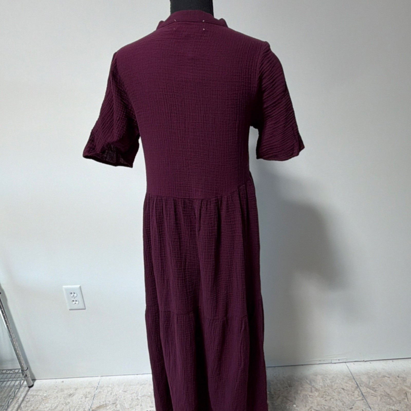 Brass & Roe Plum Gauze Maxi Dress Split Neck Button Long Short Sleeve XS