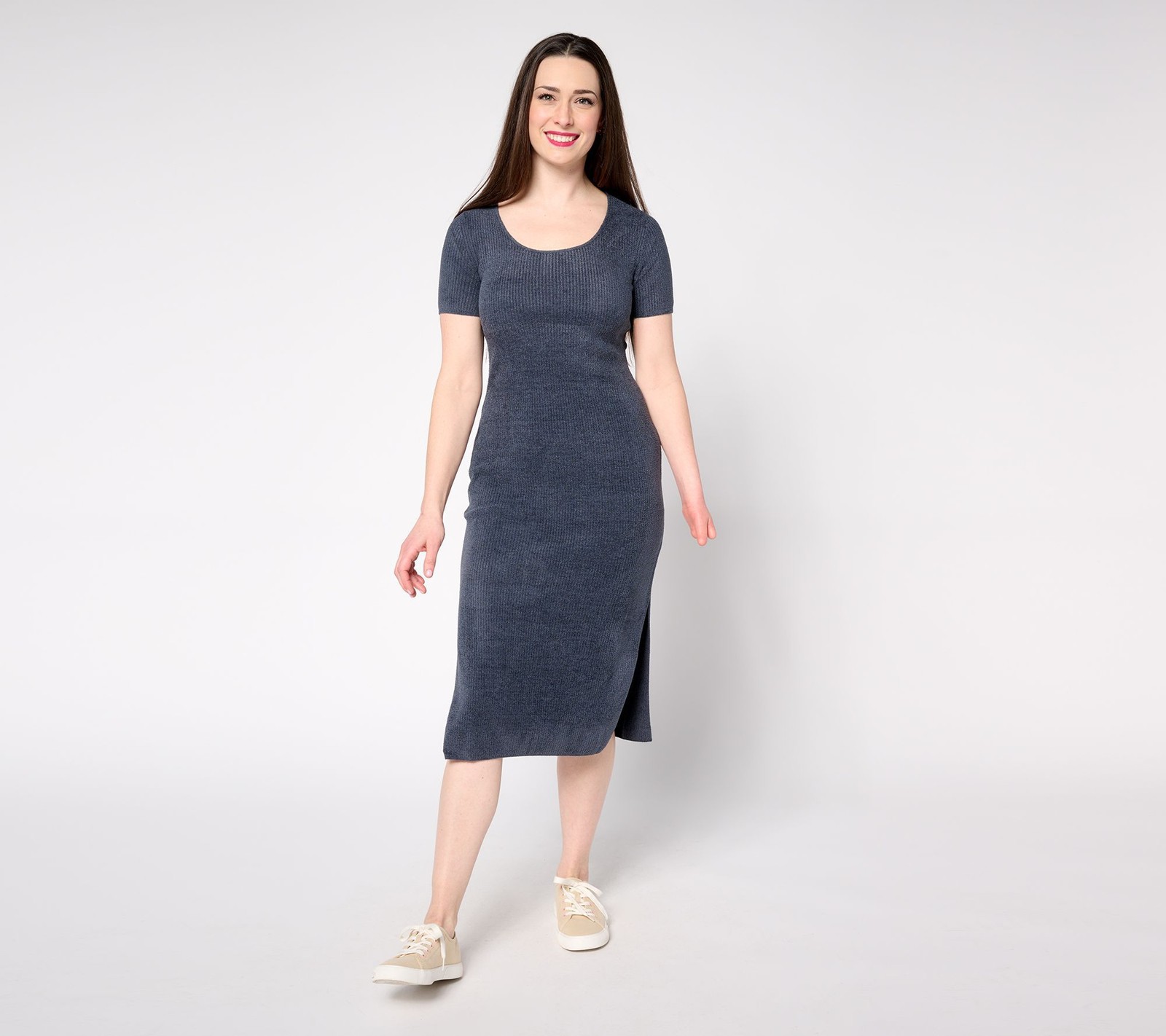 Barefoot Dreams Petite CozyChic Ultra Lite Scoop Neck Ribbed Dress Indigo S New