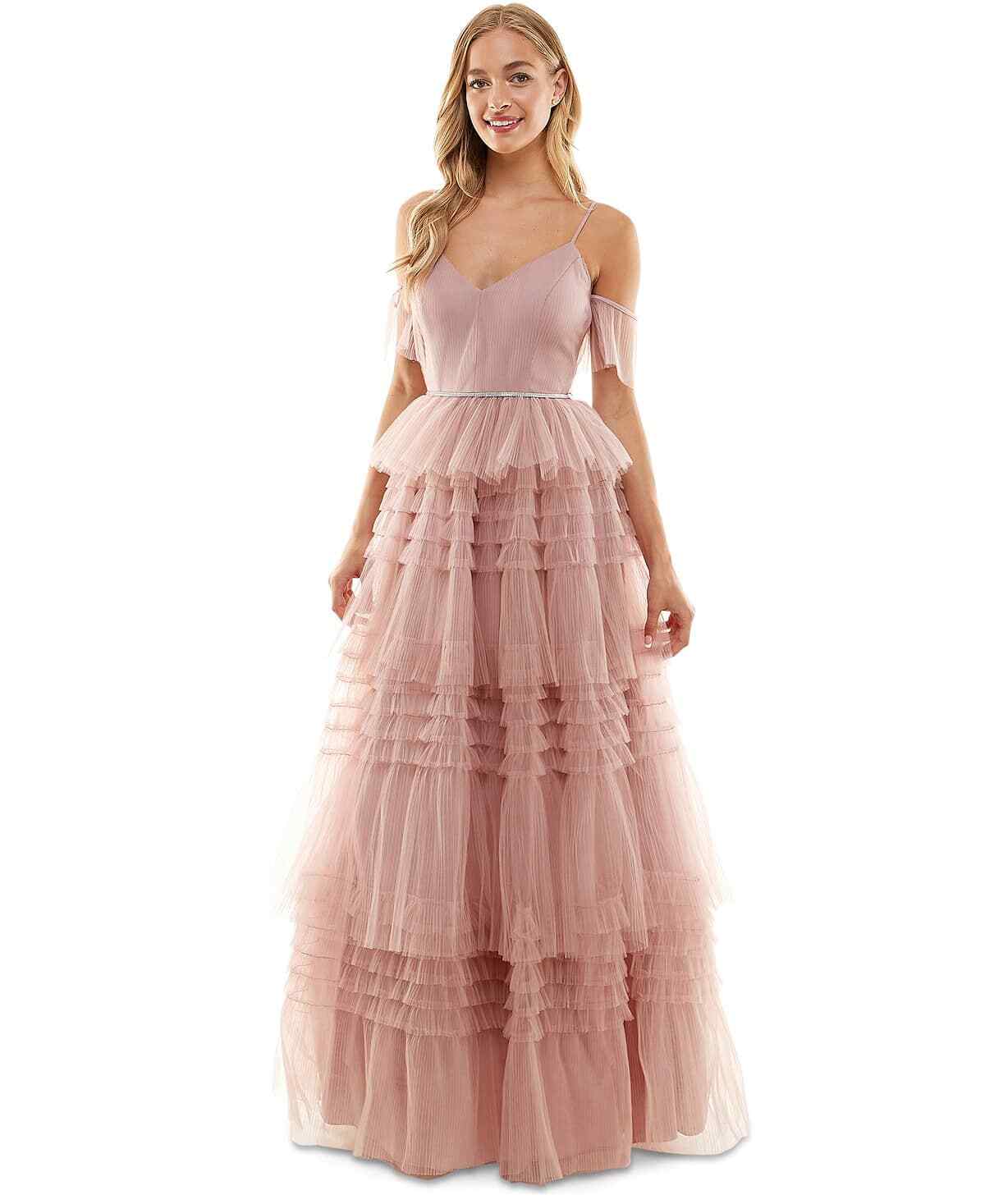 Say Yes to the Prom Juniors’ Pink Pleated Mesh Tiered Gown Dress – 15 – Pink