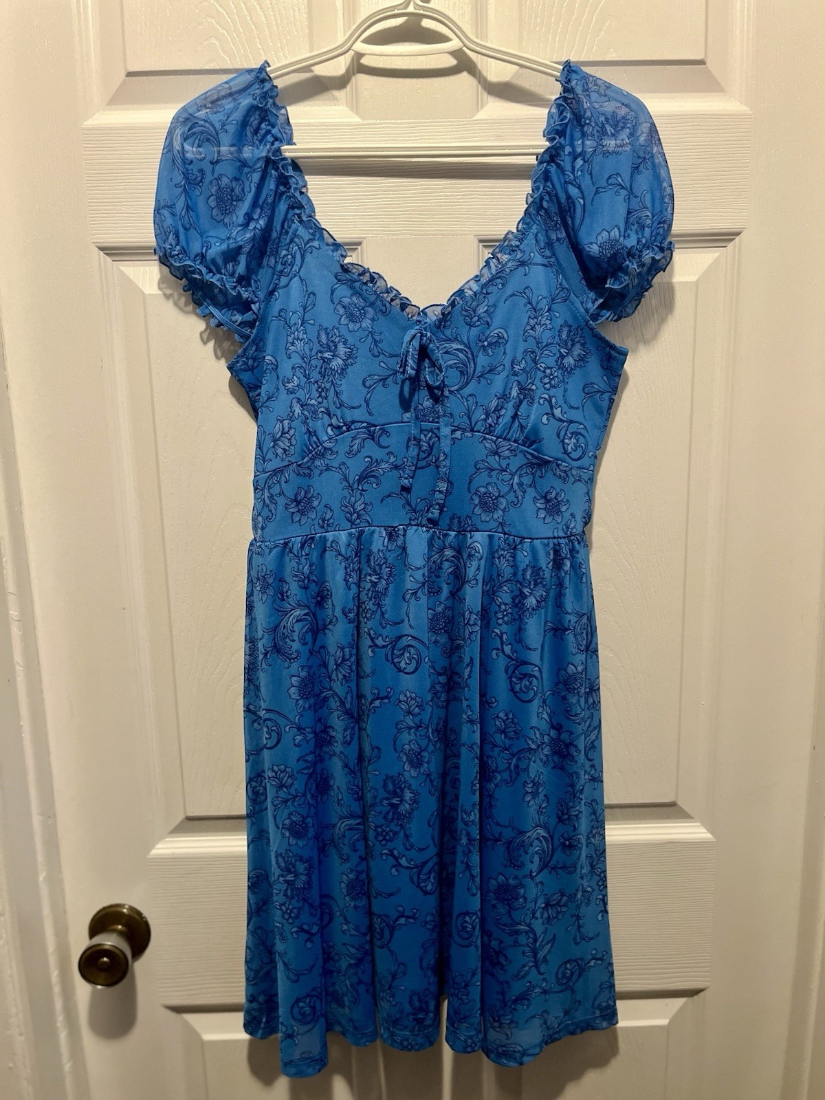 Y2K Justify Dress Floral Blue Small Summer Boho Puffy Short Sleeve Bow