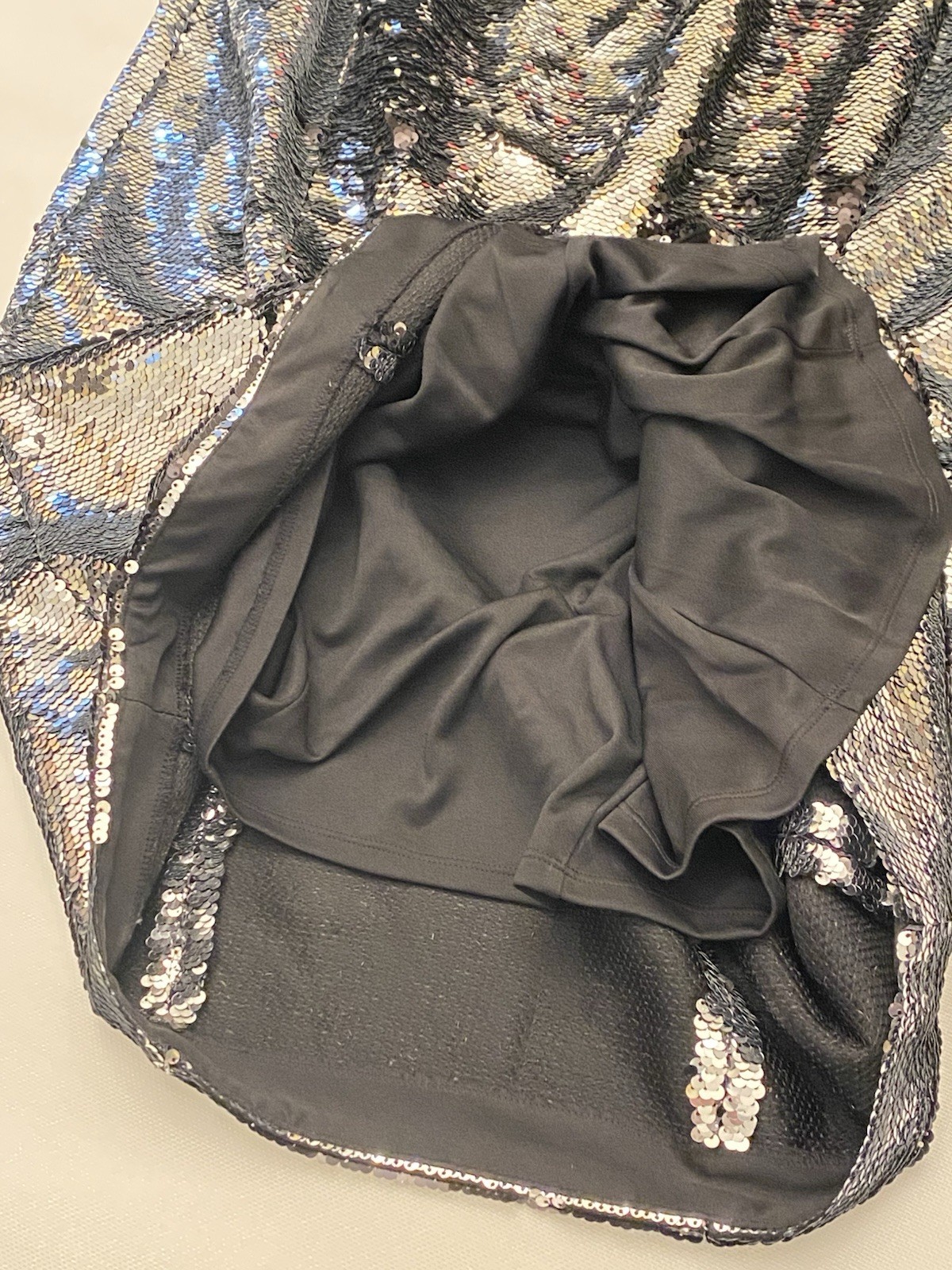 EVA MENDES Reverse Silver & Black Full Sequin Midi Sheath Dress Party Size L
