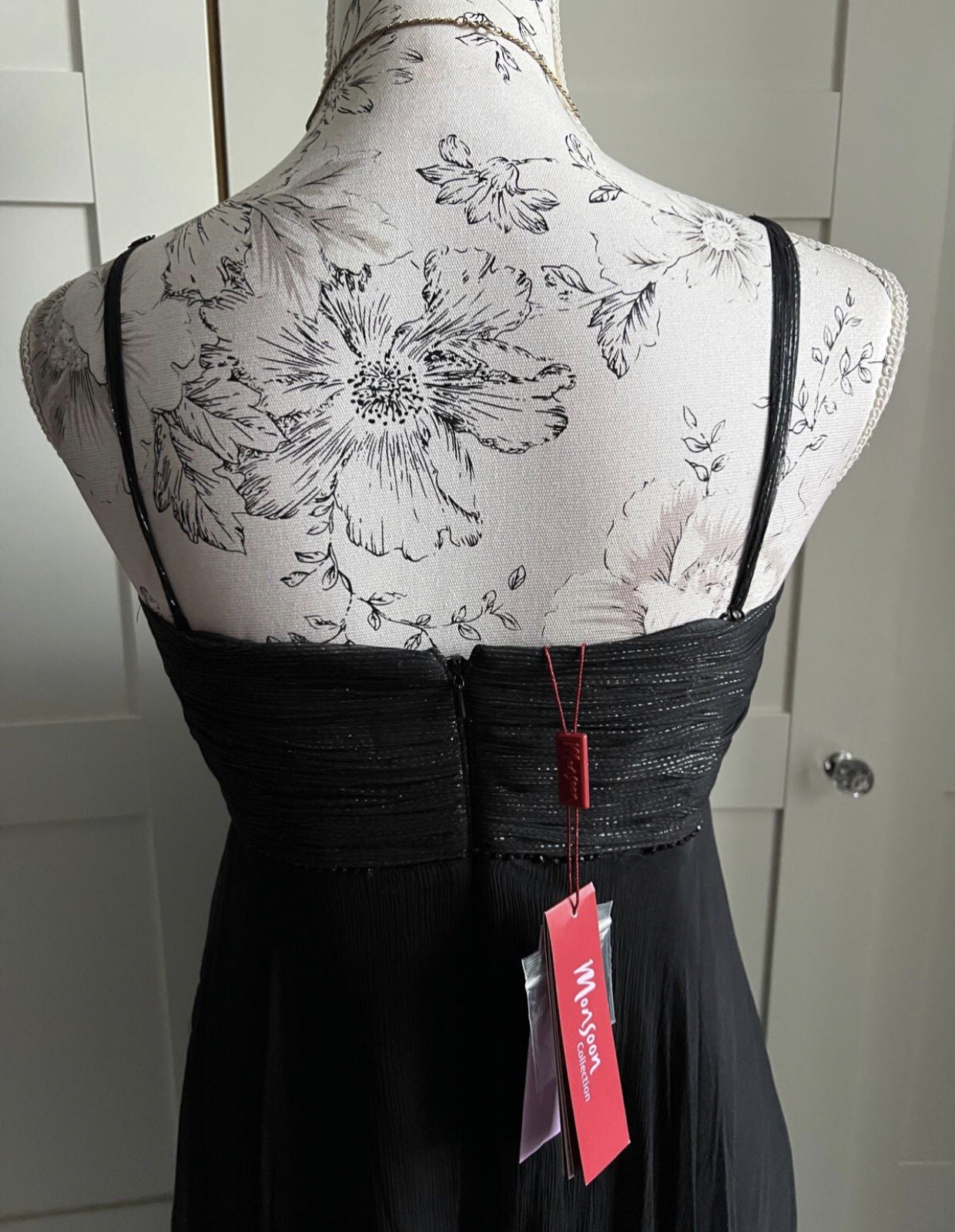 MONSOON Silk Black & Silver Evening Dress UK 12 Timeless Elegant Modern Classic