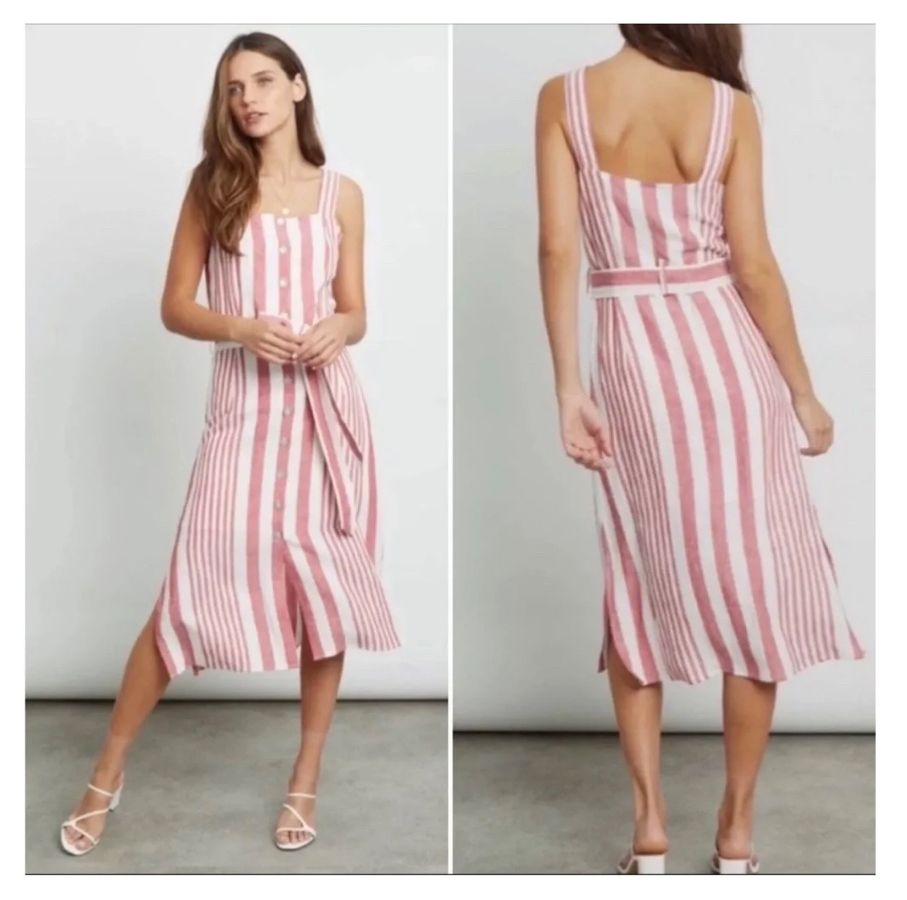 Rails Clement Dress M Medium Montreal Stripe Tie Waist Linen Rayon Blend Midi