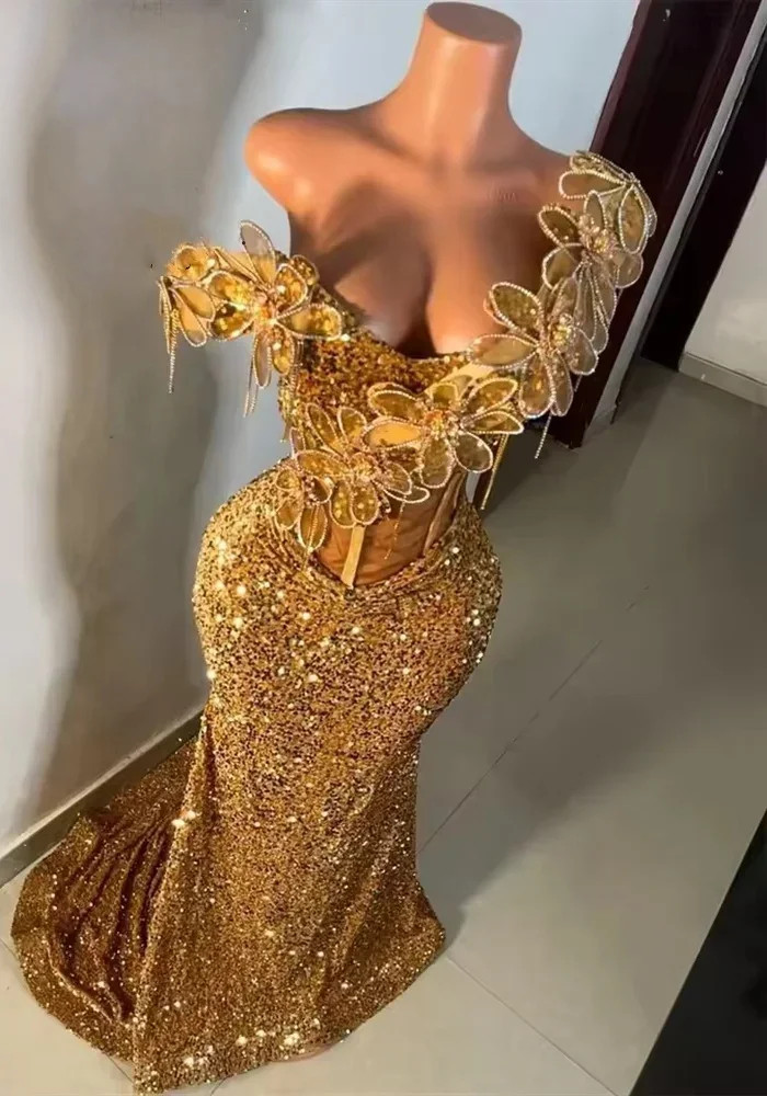 Gorgeous Gold Prom Dresses Sequins Beaded Shinny Party Dresses Floor Length