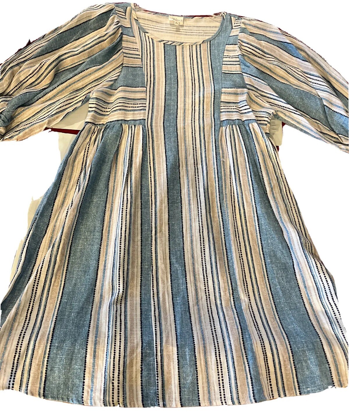 NEW Blue White Striped LINEN Sun DRESS Cotton Peasant PUFFY Sleeves Womens Small