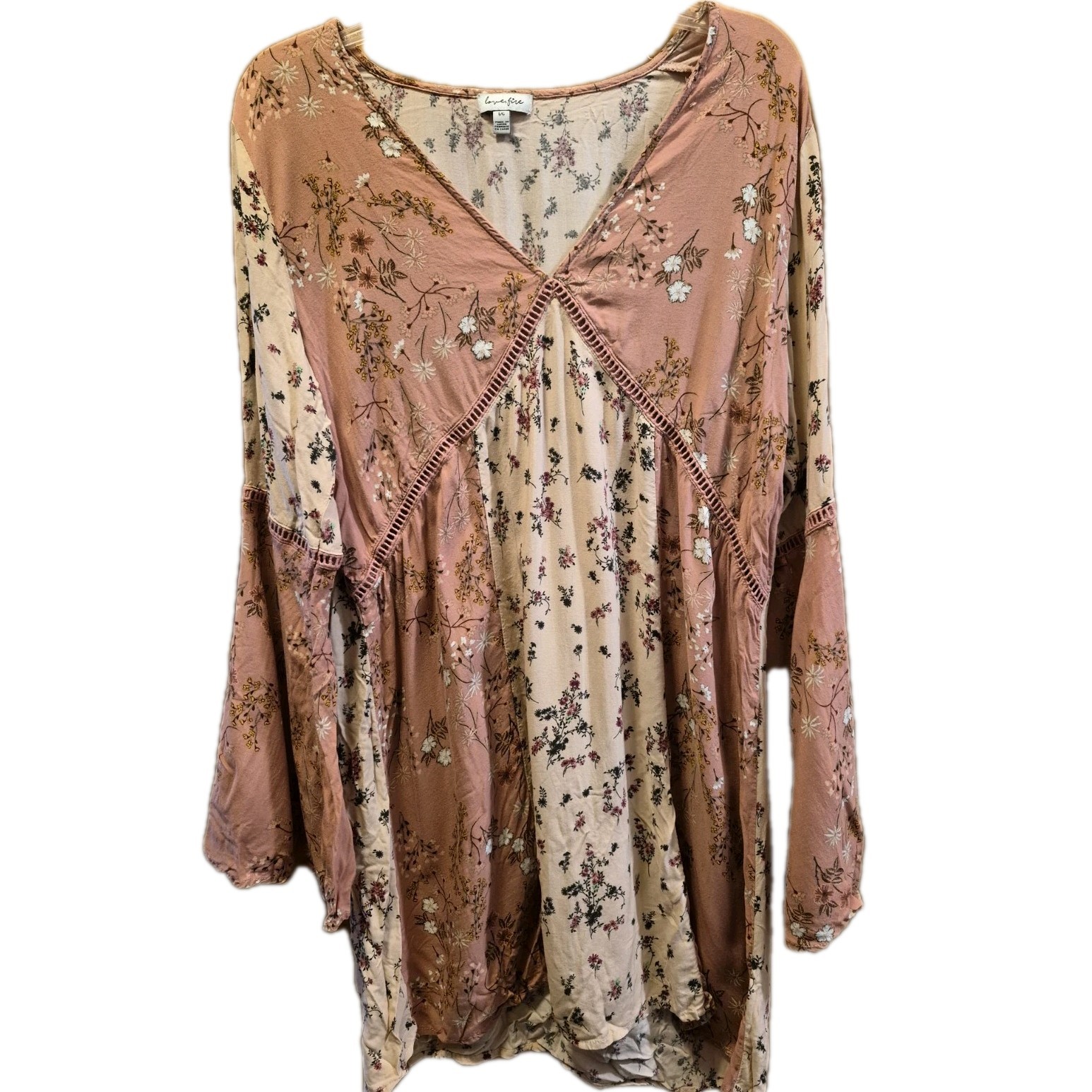 Love, Fire Women’s Large Floral Boho Mini Dress V-Neck LS Rayon Patchwork