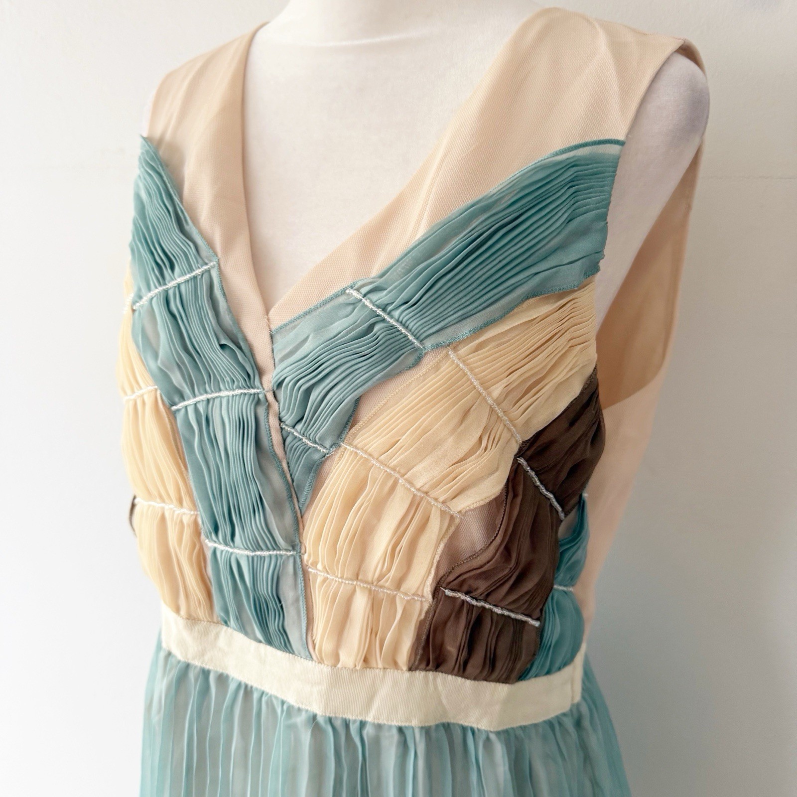 Ryu Women Pleated Sheer Sleeveless Dress Large Fairy Preppy Party Casual Blue