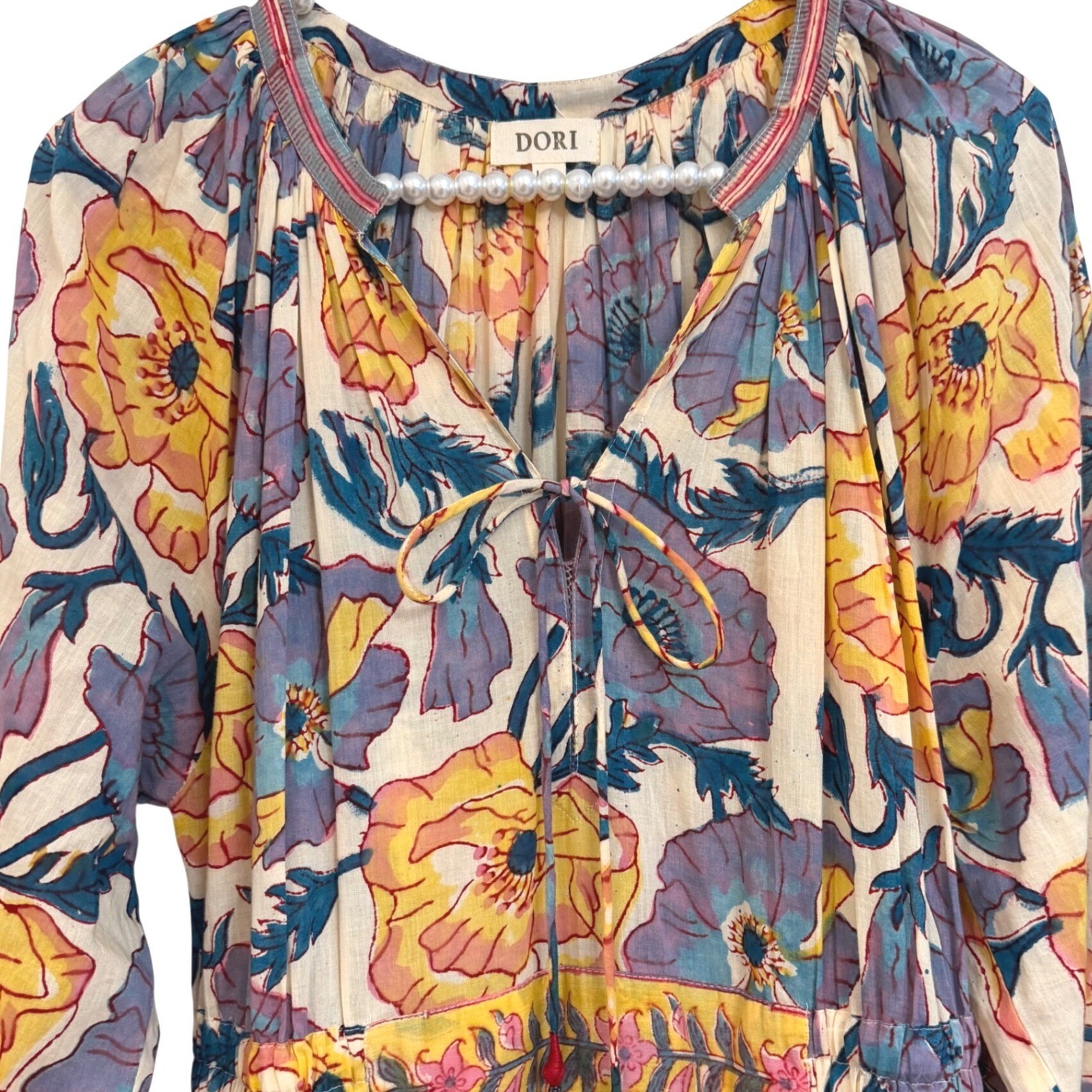 Dori Floral Poppy Print Cotton Boho Midi Dress Purple Yellow Cottagecore L/XL