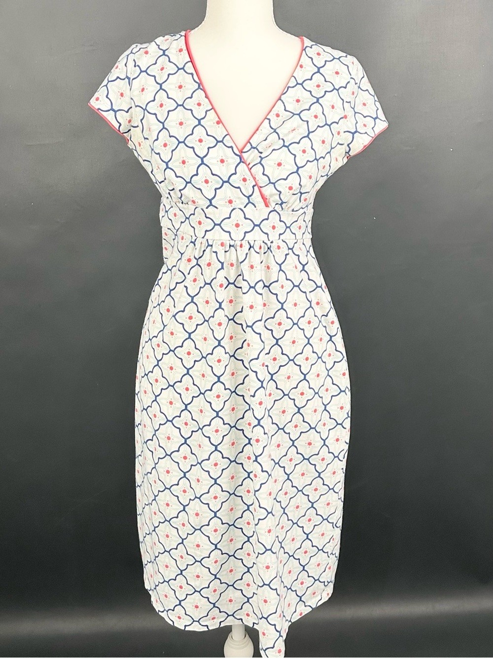 Boden Geometric Tile Faux Wrap Jersey Dress US 8 UK 12 Blue Pink