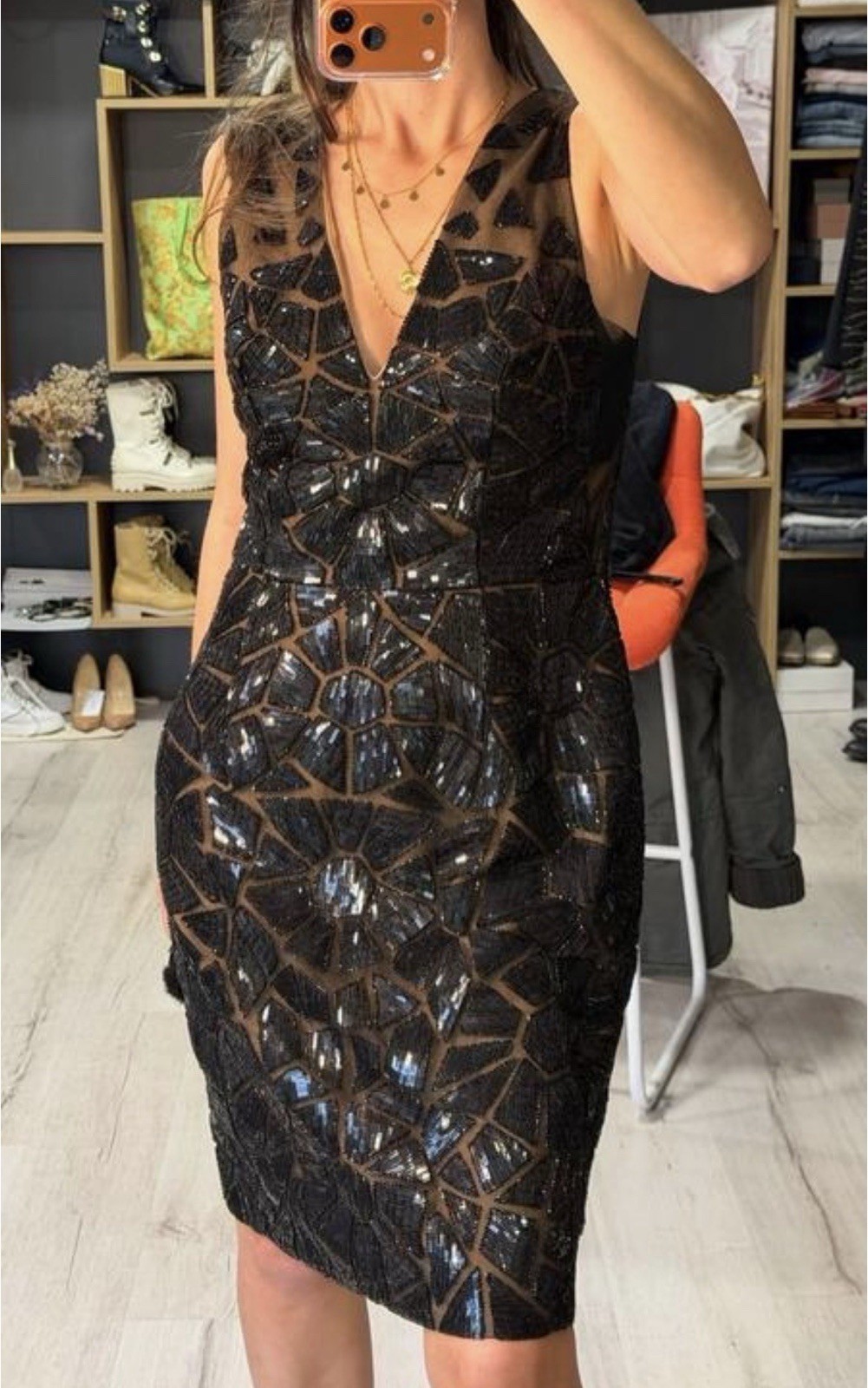Murad Stunning Black Sequin Mini Dress V-Neck Bodycon Evening Party Sz 8 L